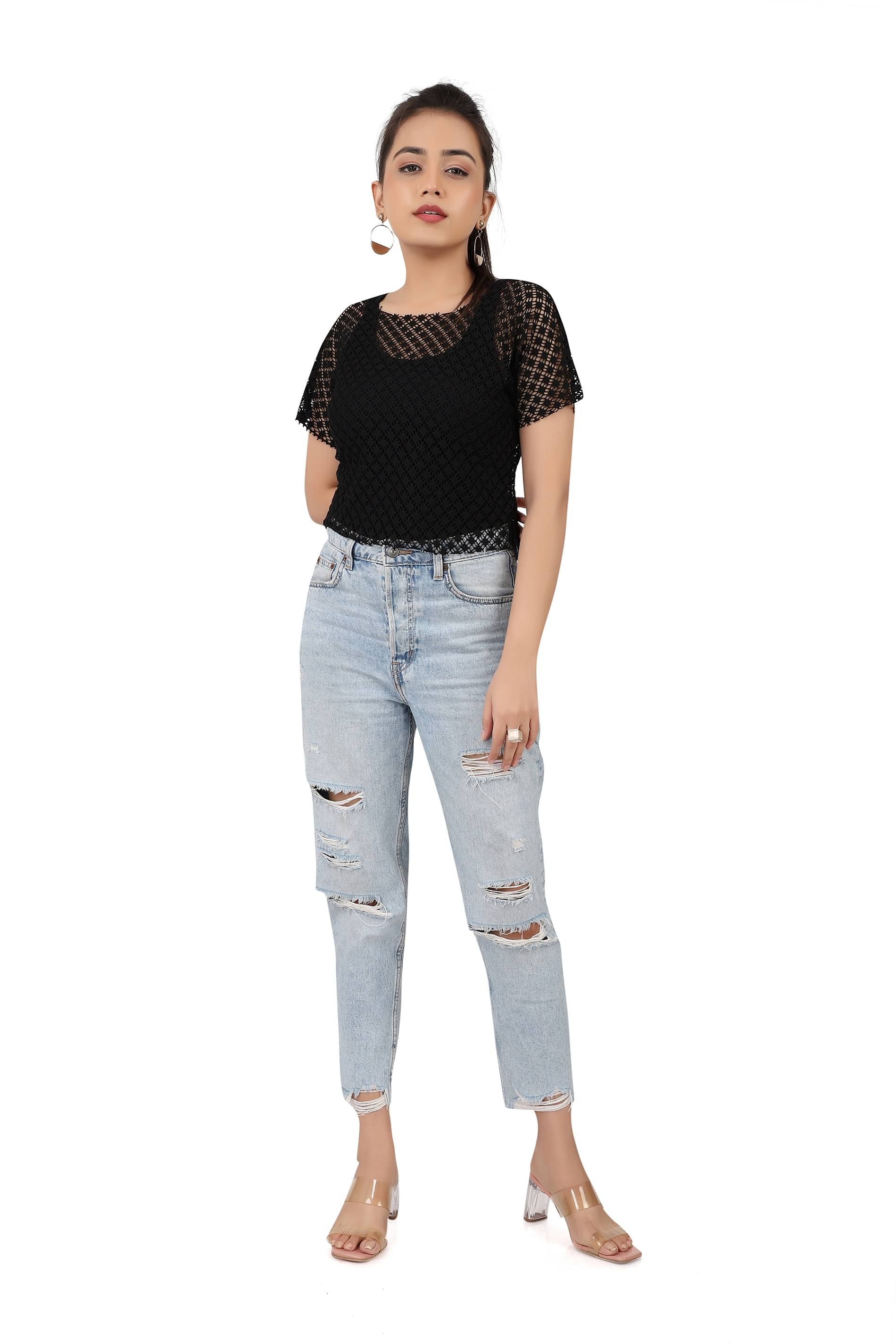 Leean Patterns Women's Net Regular Top ( Off White ) Leean Patterns Women's Net Regular Top ( Off White )
