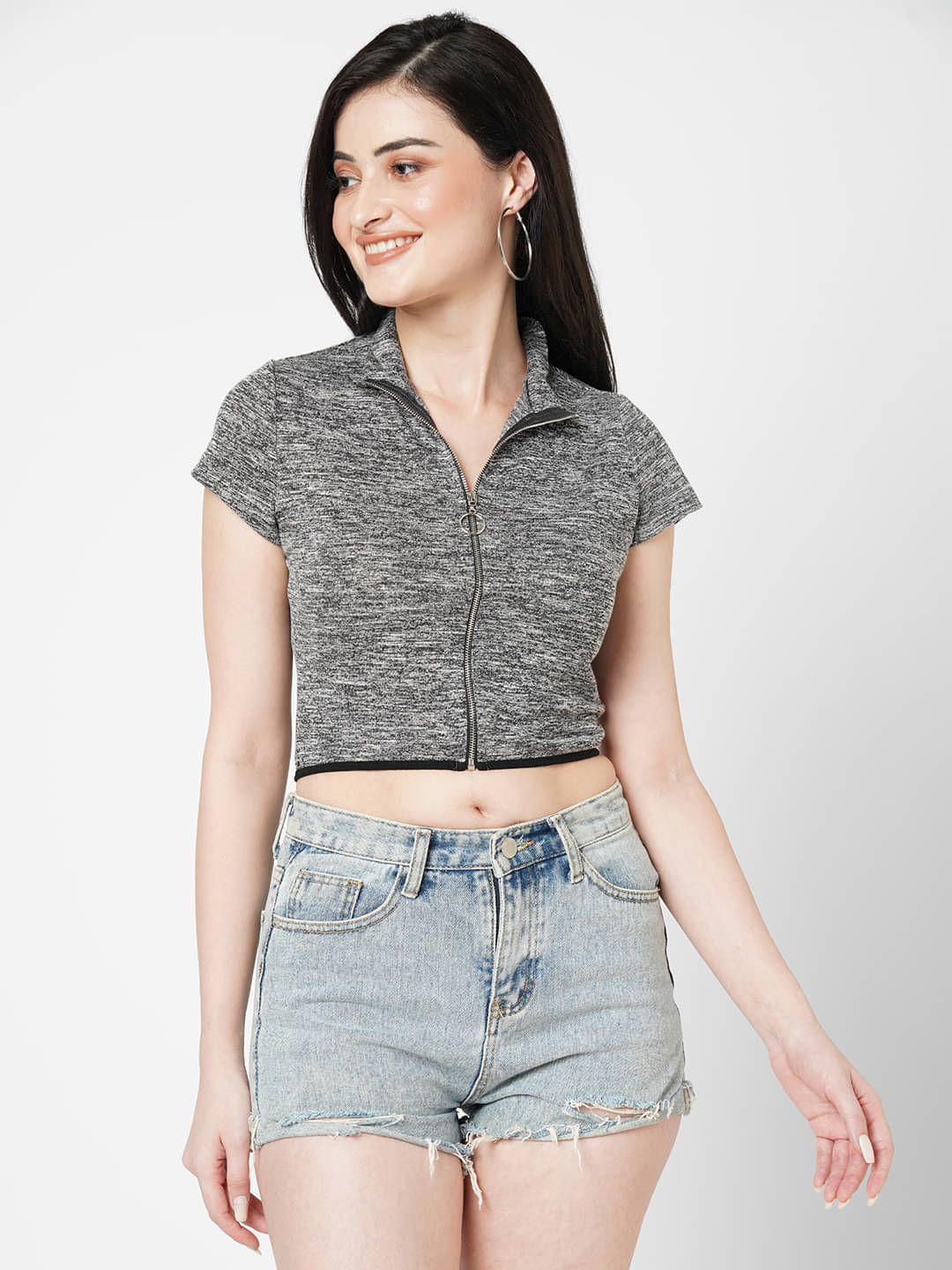 Leean Patterns Women's Cotton Blend Crop Top ( Grey ) Leean Patterns Women's Cotton Blend Crop Top ( Grey )