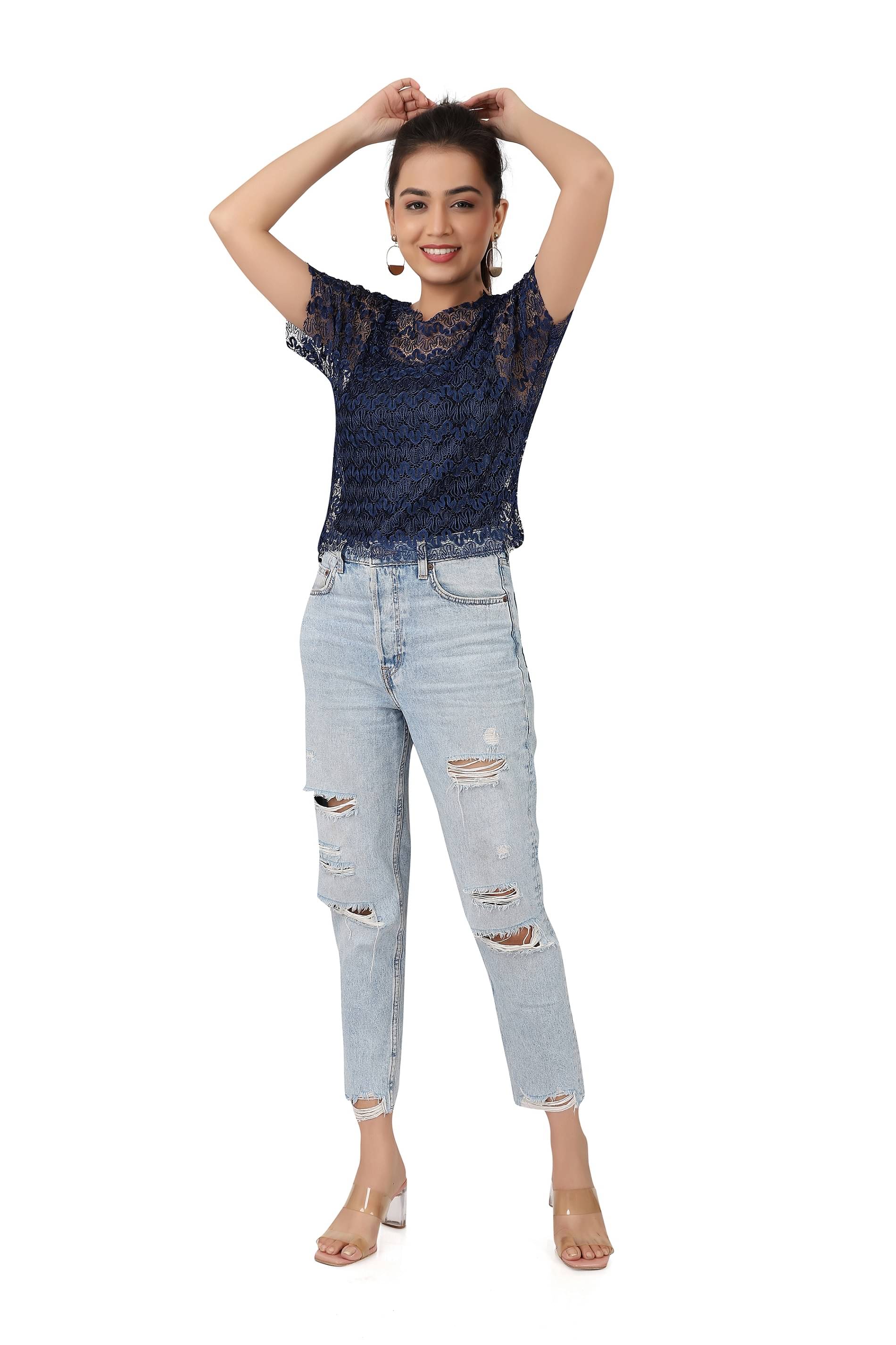Leean Patterns Women's Net Regular Top ( Navy Blue ) Leean Patterns Women's Net Regular Top ( Navy Blue )
