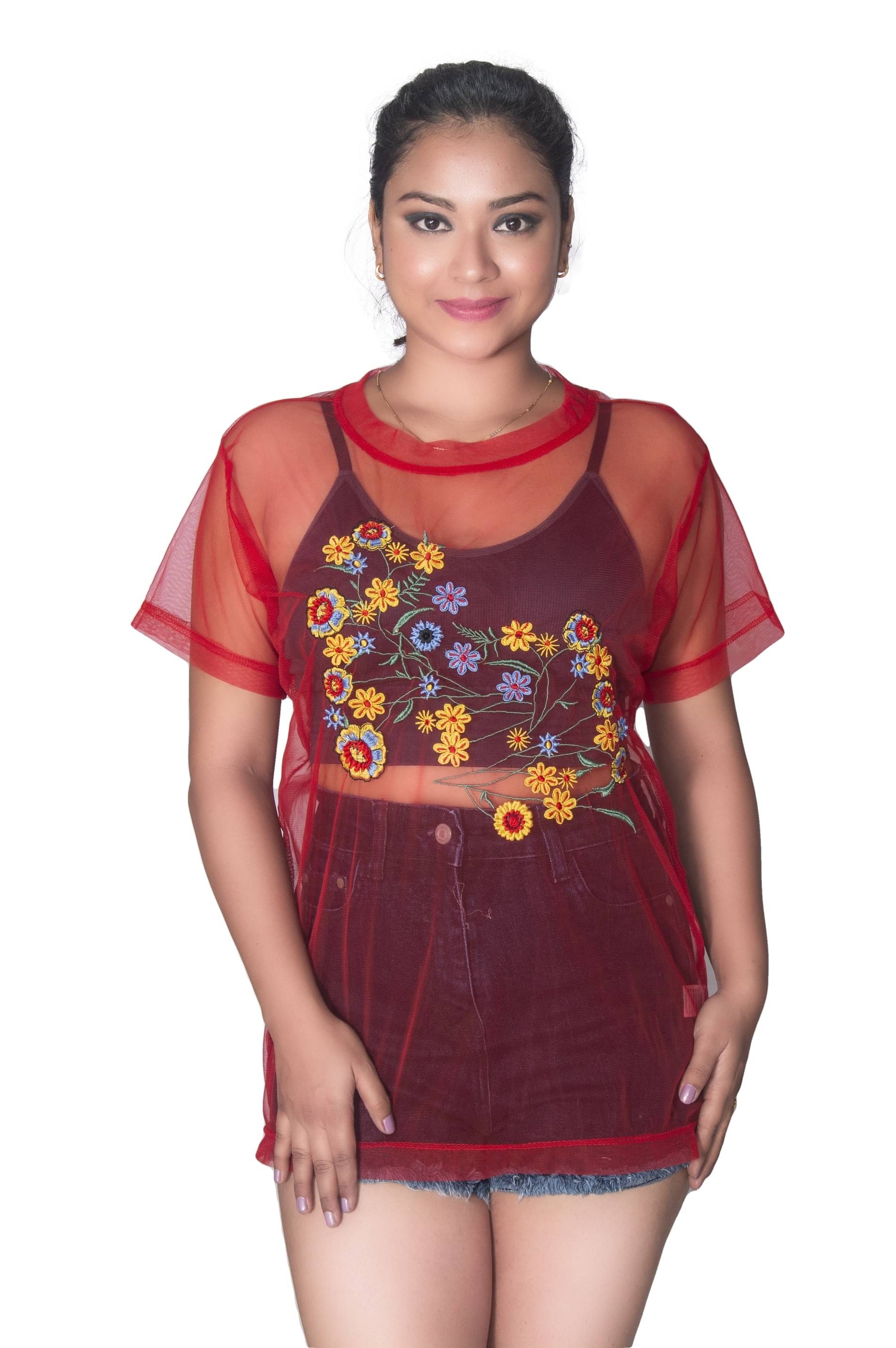 Leean Patterns Women's Net Regular Top ( Red ) Leean Patterns Women's Net Regular Top ( Red )