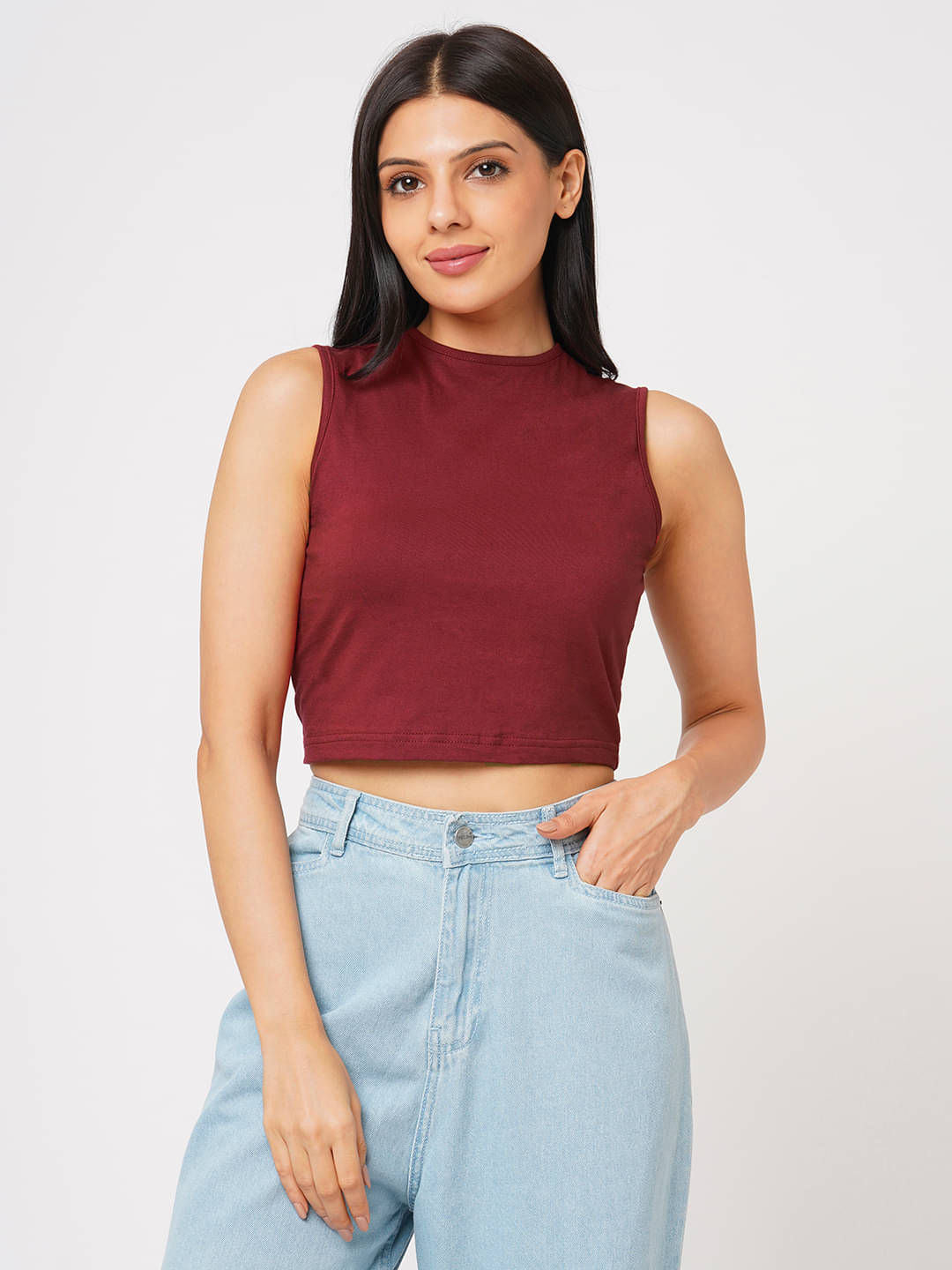Leean Patterns Women's Cotton Blend Crop Top ( Wine ) Leean Patterns Women's Cotton Blend Crop Top ( Wine )