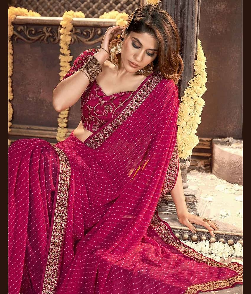 Nandini Creation Chiffon Embroidered Saree With Unstitched Blouse Piece ( Pink ) - Sarees | Buy online on ZillyBuy