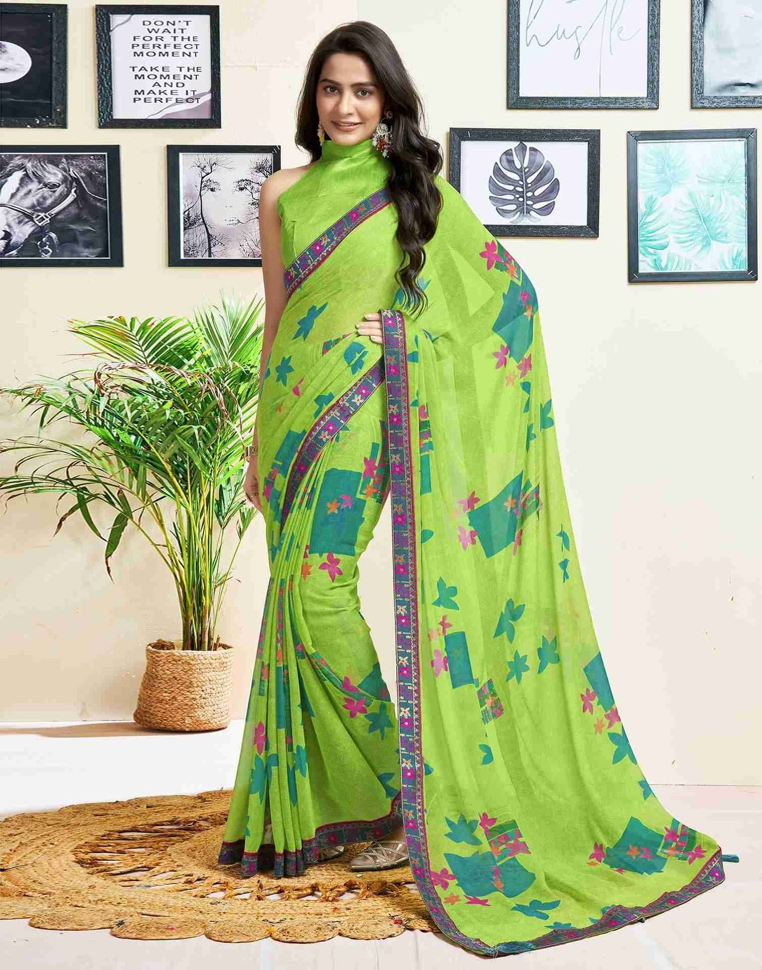     			Nandini Creation Chiffon Printed Saree With Unstitched Blouse Piece ( Green )