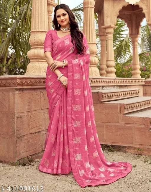 Nandini Creation Chiffon Printed Saree With Unstitched Blouse Piece ( Pink ) Nandini Creation Chiffon Printed Saree With Unstitched Blouse Piece ( Pink )