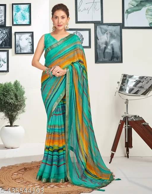 Nandini Creation Chiffon Striped Saree With Unstitched Blouse Piece ( Multicolor ) Nandini Creation Chiffon Striped Saree With Unstitched Blouse Piece ( Multicolor )