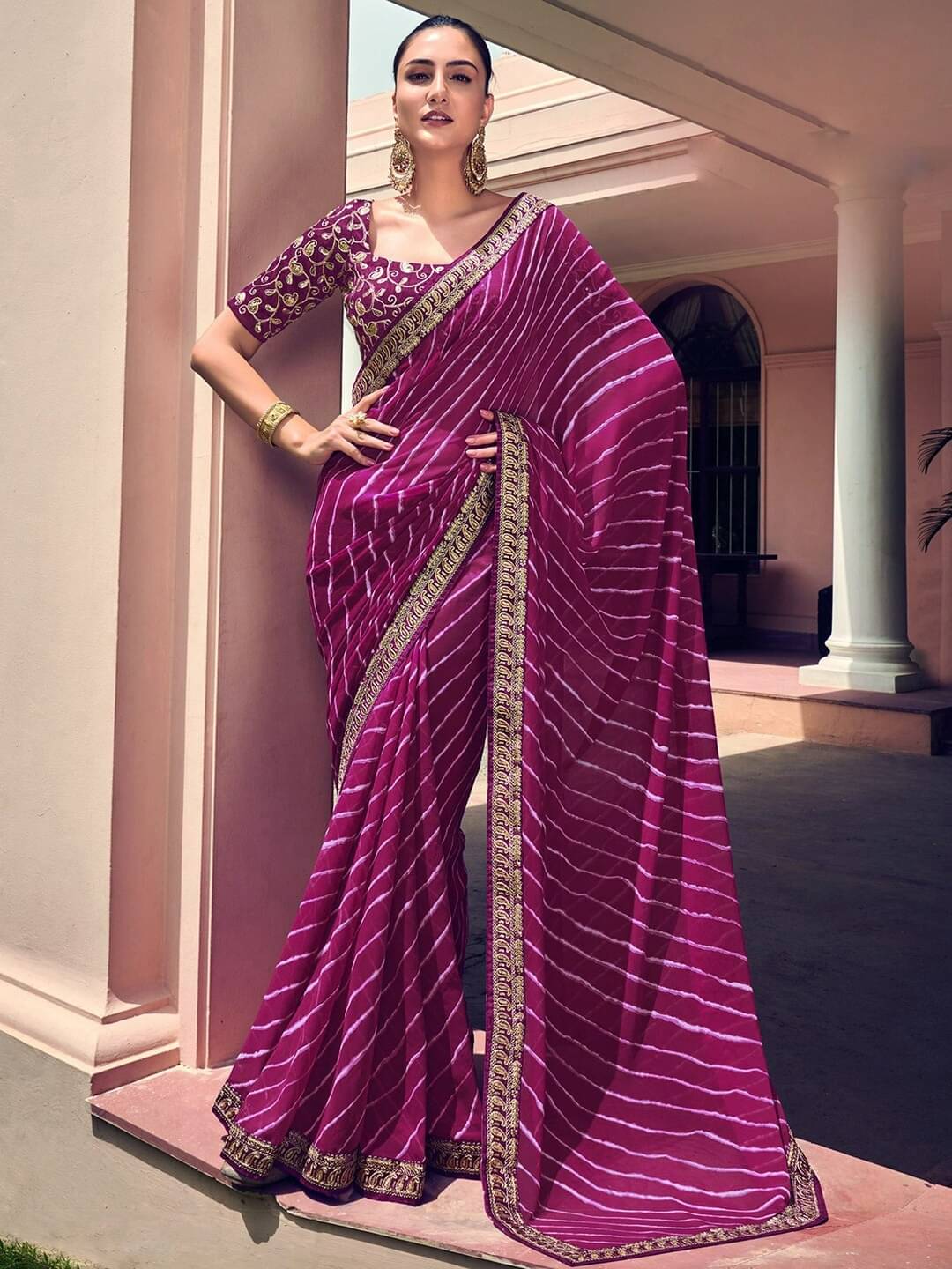 Nandini Creation Chiffon Striped Saree With Unstitched Blouse Piece ( Purple ) Nandini Creation Chiffon Striped Saree With Unstitched Blouse Piece ( Purple )