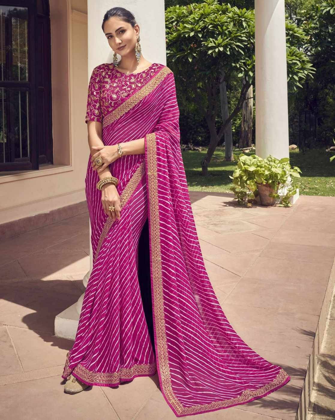 Nandini Creation Chiffon Striped Saree With Unstitched Blouse Piece ( Pink ) Nandini Creation Chiffon Striped Saree With Unstitched Blouse Piece ( Pink )