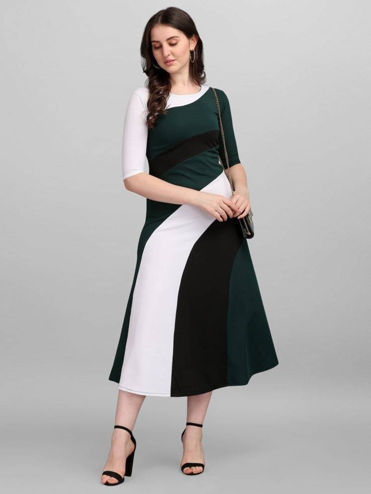     			PURVAJA Women Lycra Colorblock A-line Dress ( Green )