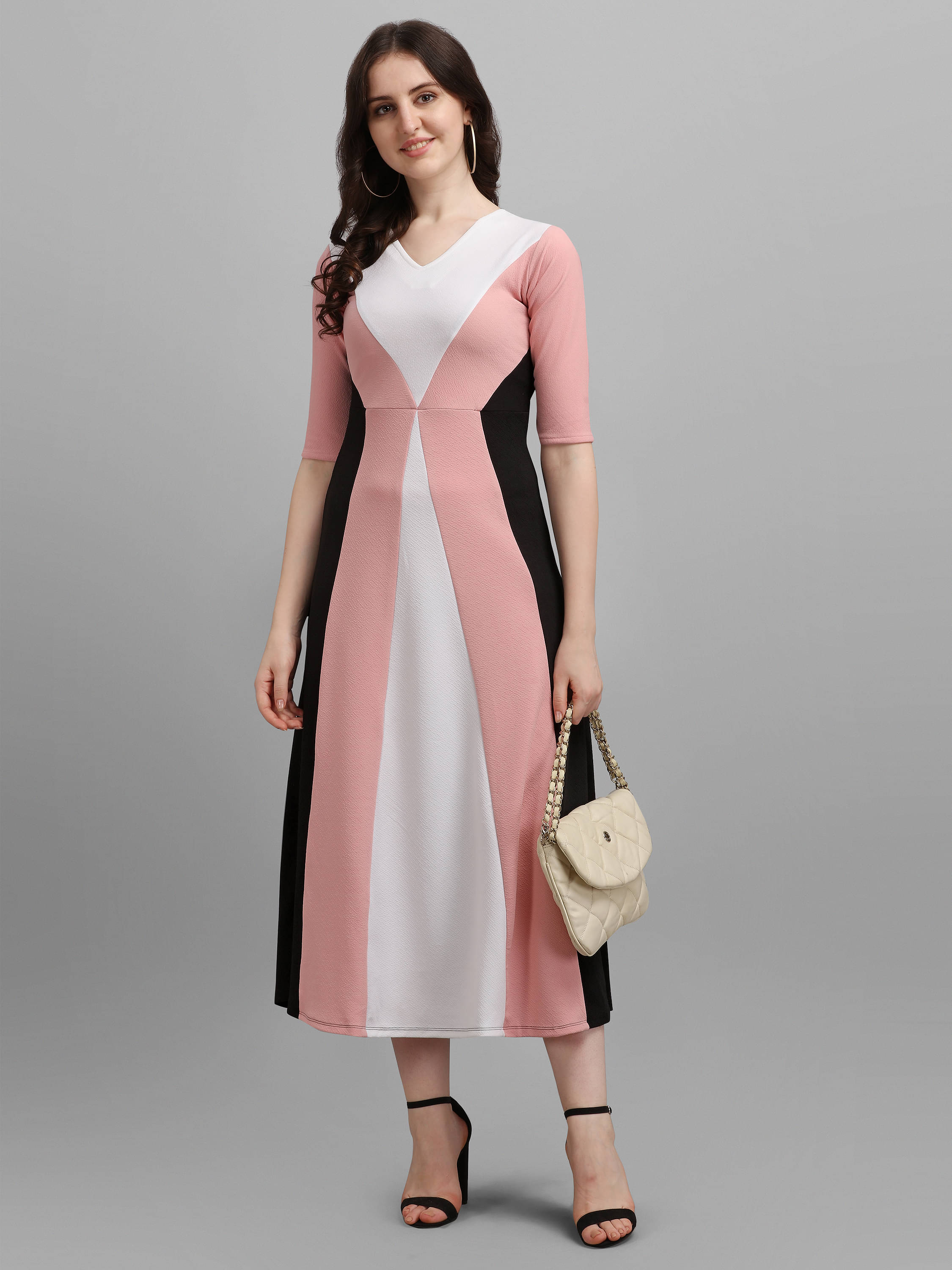     			PURVAJA Lycra Colorblock Midi Women's A-line Dress - Peach ( Pack of 1 )