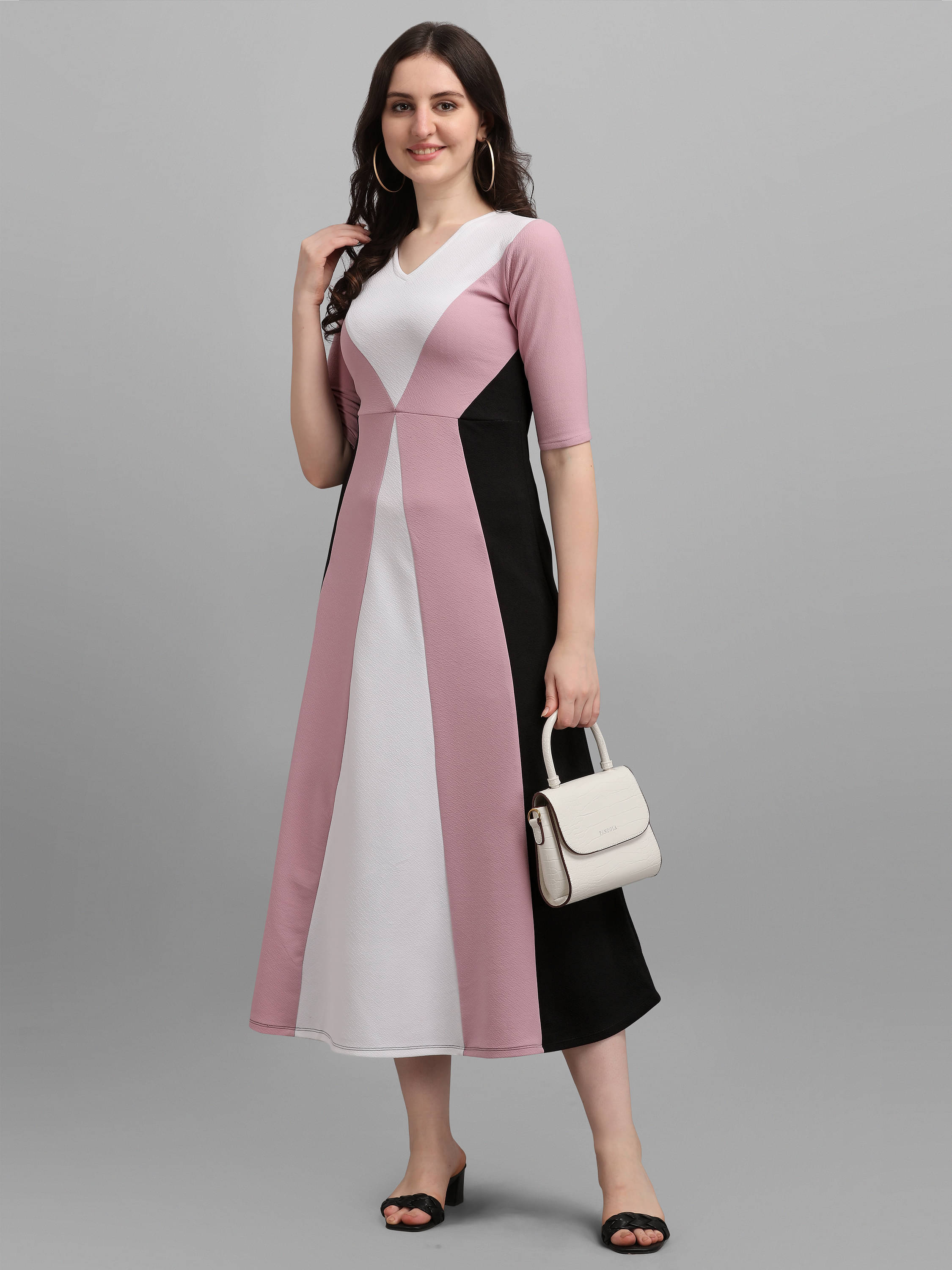 PURVAJA Lycra Colorblock Midi Women's A-line Dress - Lavender ( Pack of 1 ) PURVAJA Lycra Colorblock Midi Women's A-line Dress - Lavender ( Pack of 1 )