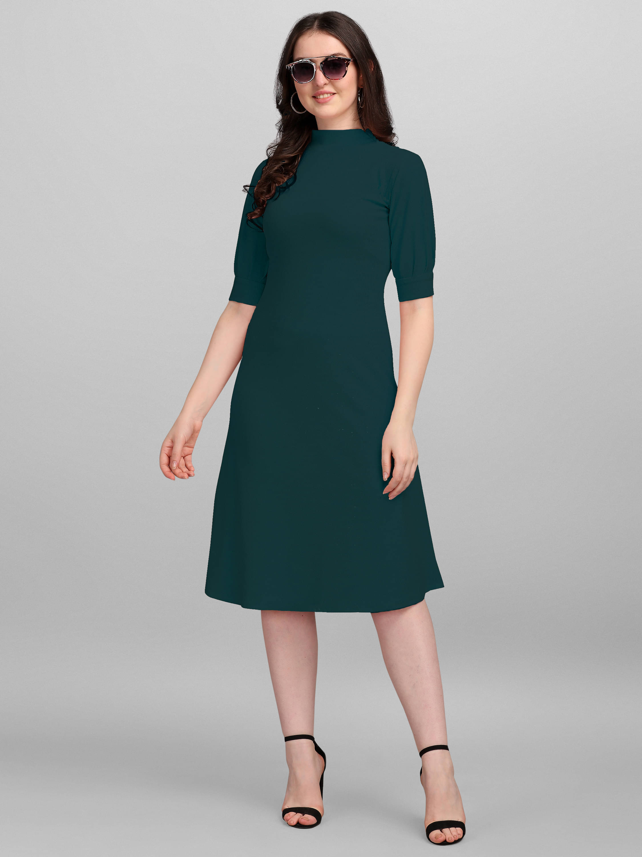 PURVAJA Women Lycra Solid A-line Dress ( Green ) PURVAJA Women Lycra Solid A-line Dress ( Green )