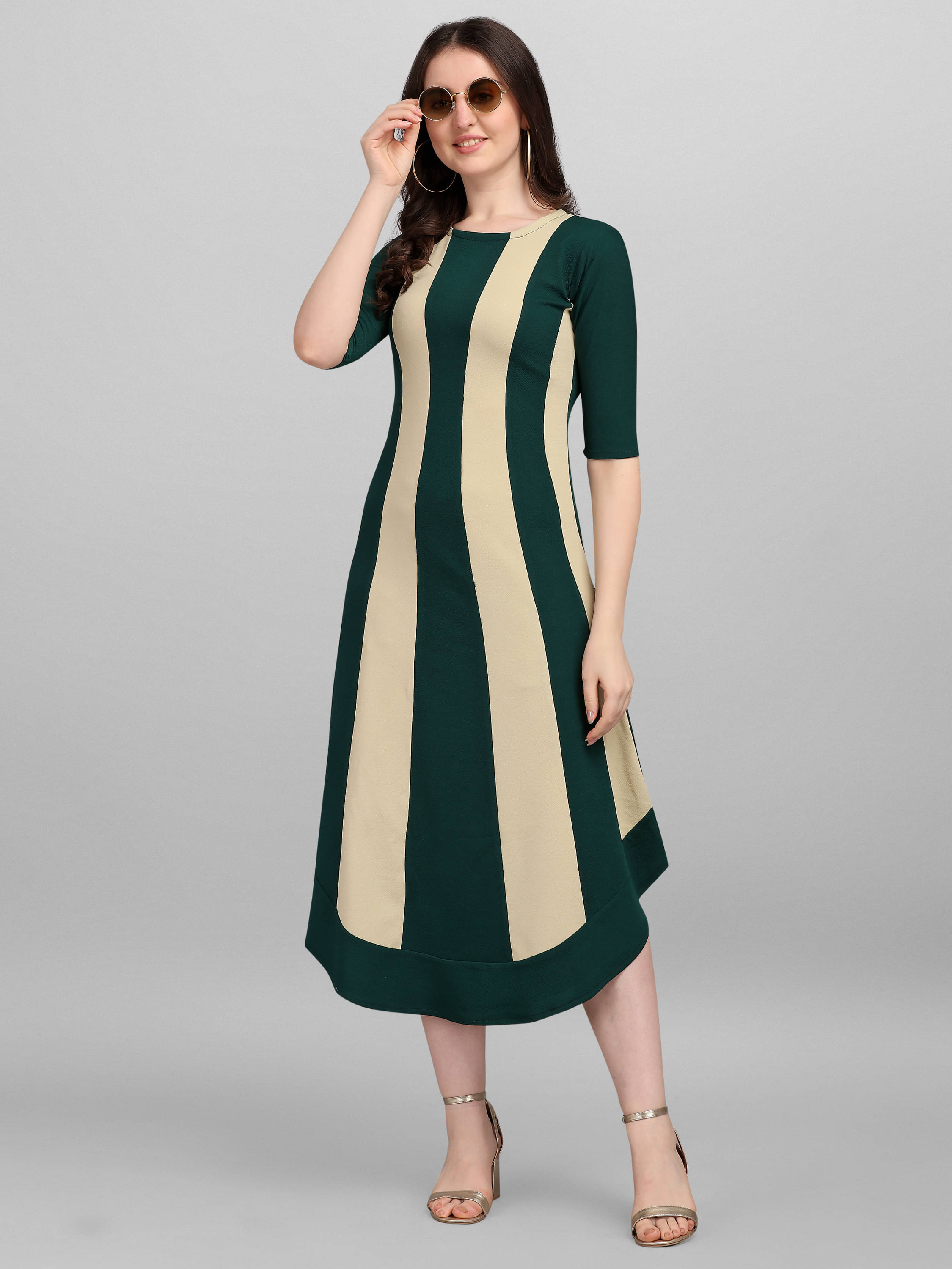     			PURVAJA Lycra Striped Midi Women's Asymmetric Dress - Green ( Pack of 1 )