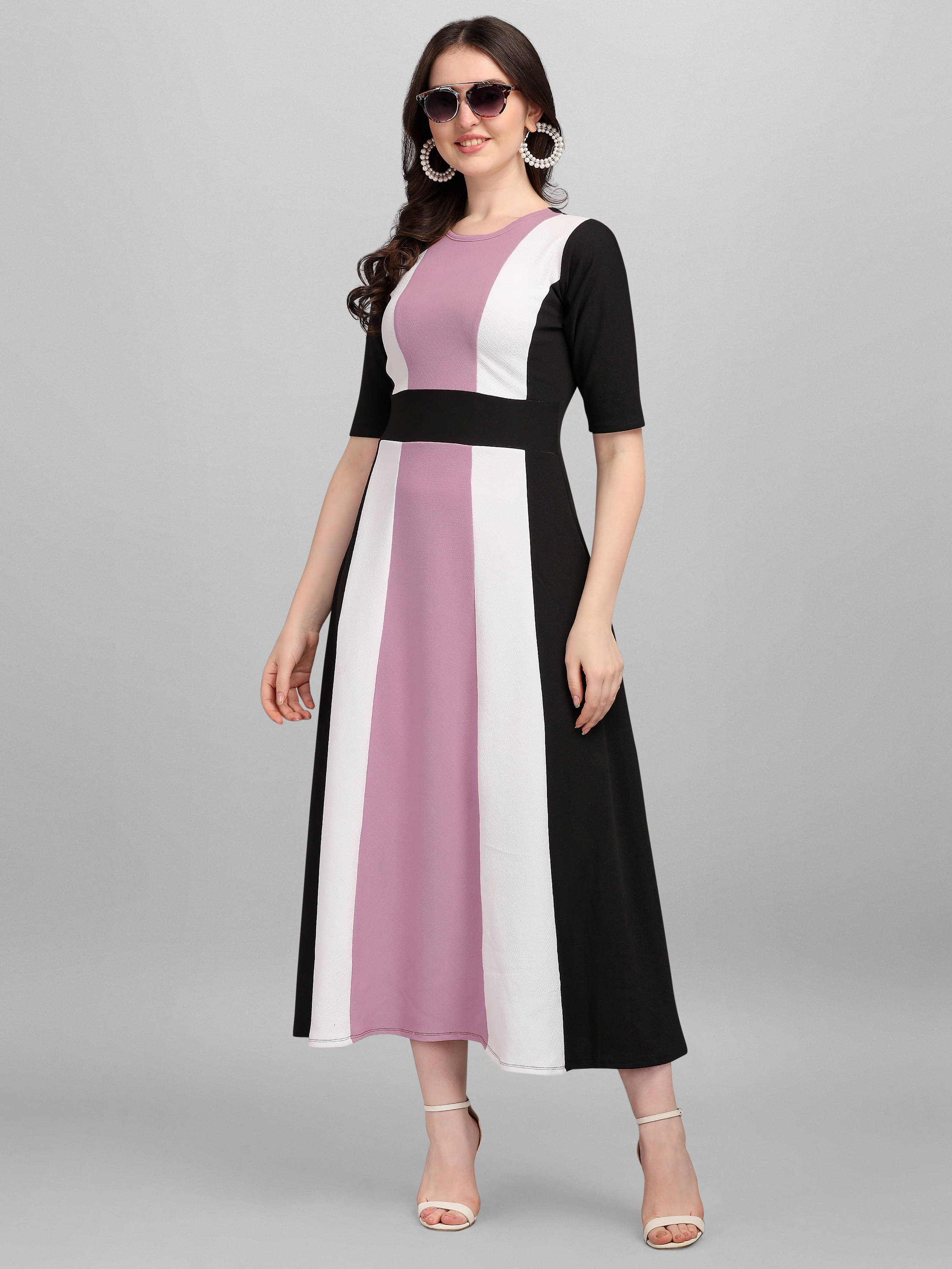     			PURVAJA Lycra Striped Midi Women's A-line Dress - Lavender ( Pack of 1 )