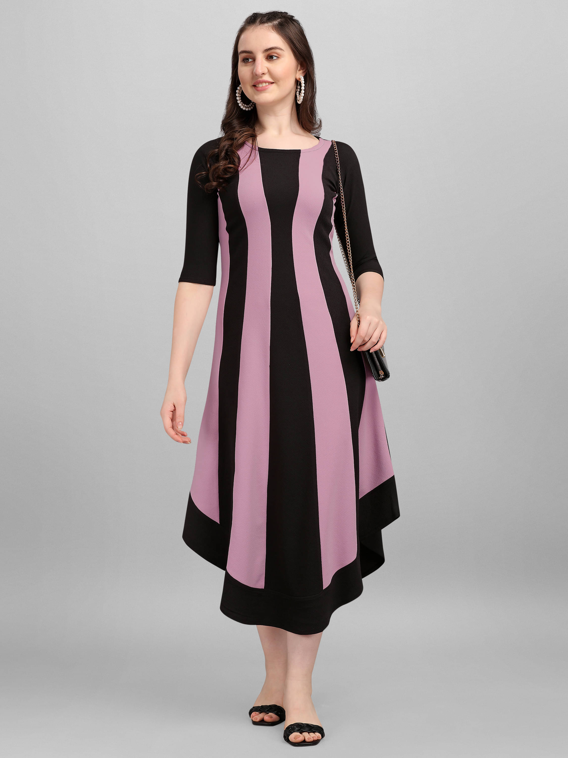 PURVAJA Lycra Striped Midi Women's Asymmetric Dress - Lavender ( Pack of 1 ) PURVAJA Lycra Striped Midi Women's Asymmetric Dress - Lavender ( Pack of 1 )