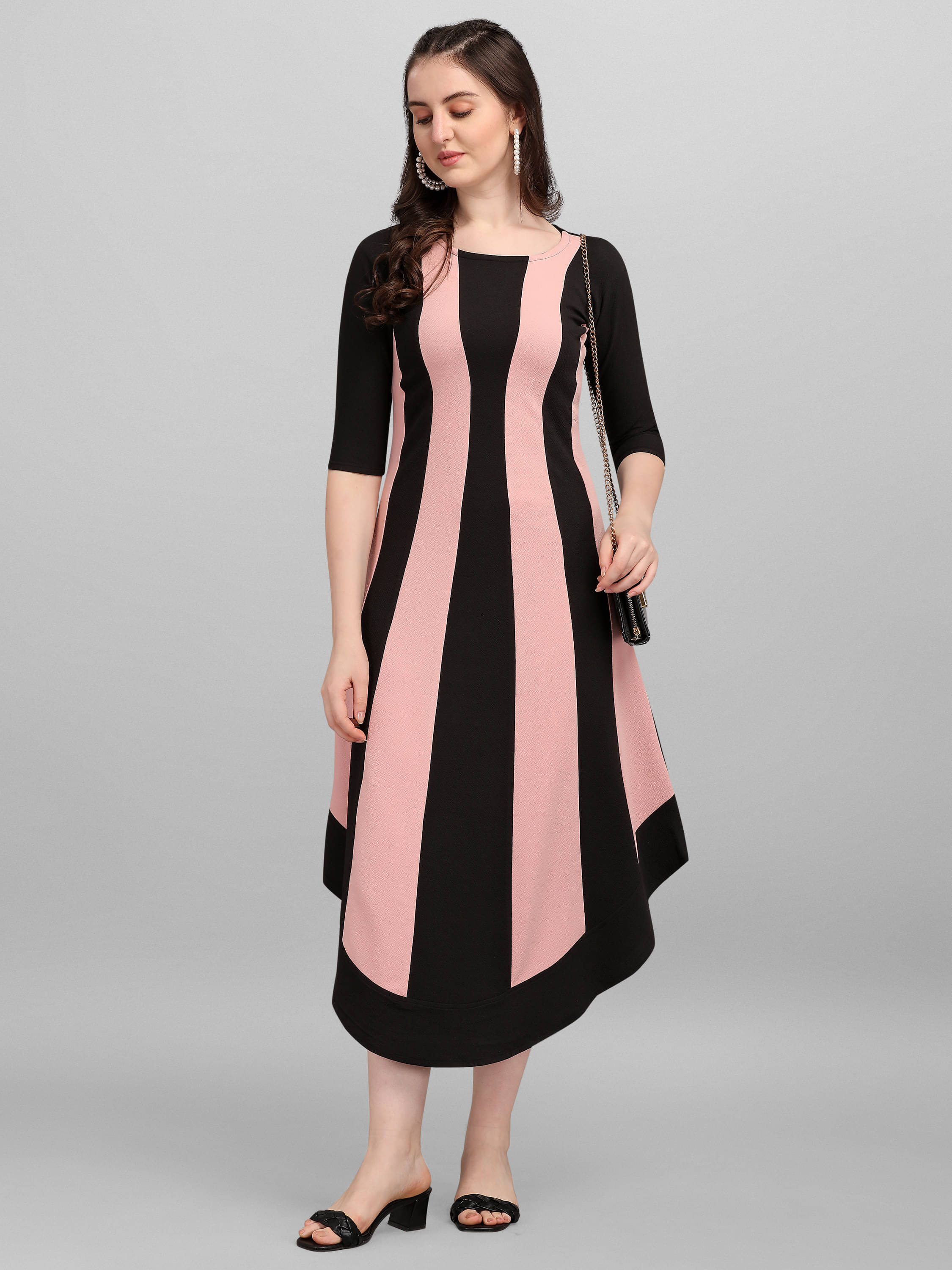 PURVAJA Lycra Striped Midi Women's Asymmetric Dress - Peach ( Pack of 1 ) PURVAJA Lycra Striped Midi Women's Asymmetric Dress - Peach ( Pack of 1 )