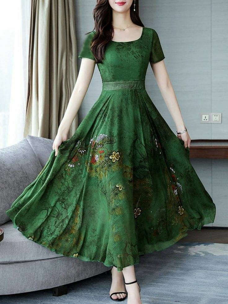 Raabta Fashion Women Georgette Printed Fit & Flare Dress ( Green ) Raabta Fashion Women Georgette Printed Fit & Flare Dress ( Green )