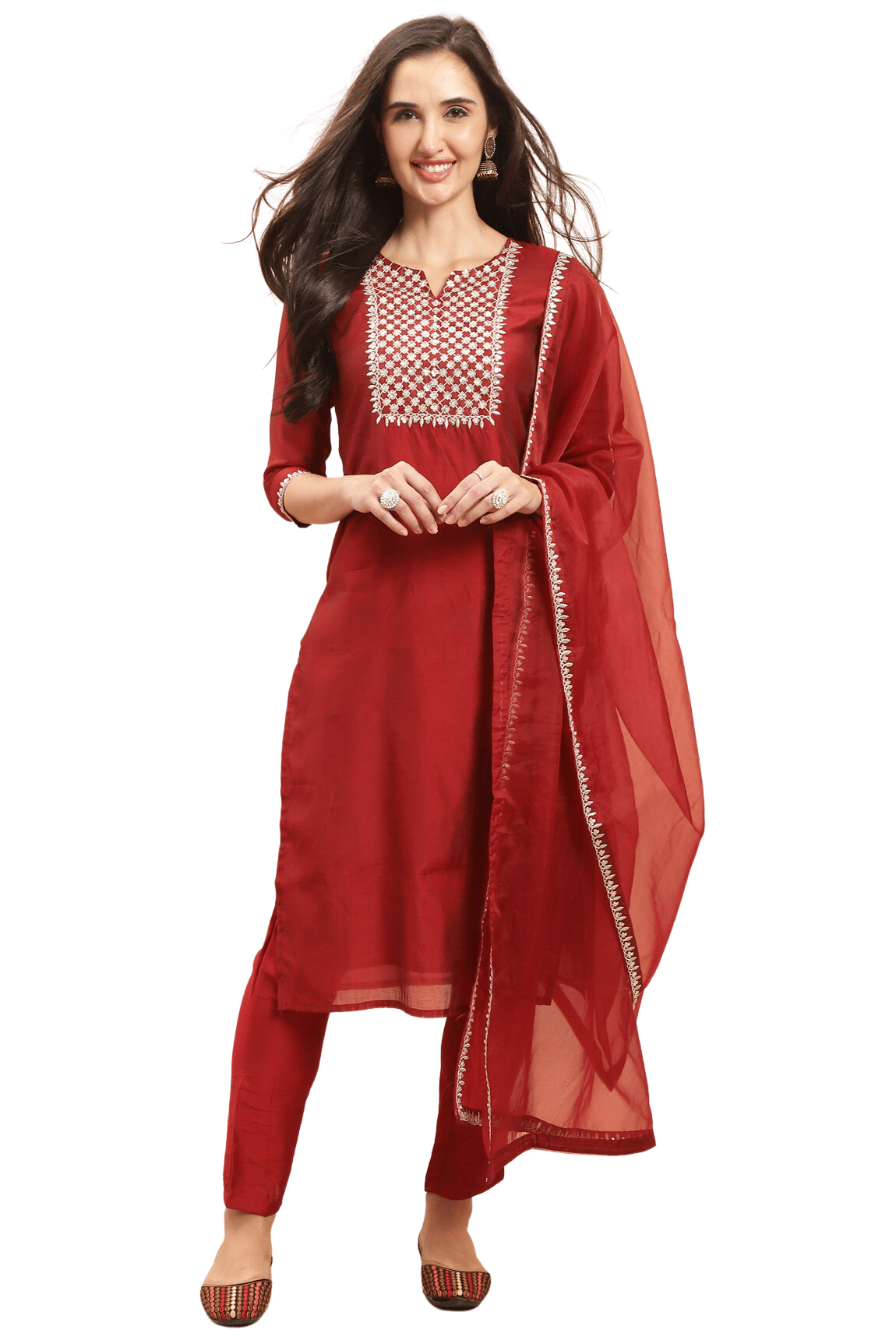     			Rajnandini Chanderi Embroidered Kurti With Pants Women's Stitched Salwar Suit - Maroon ( Pack of 1 )