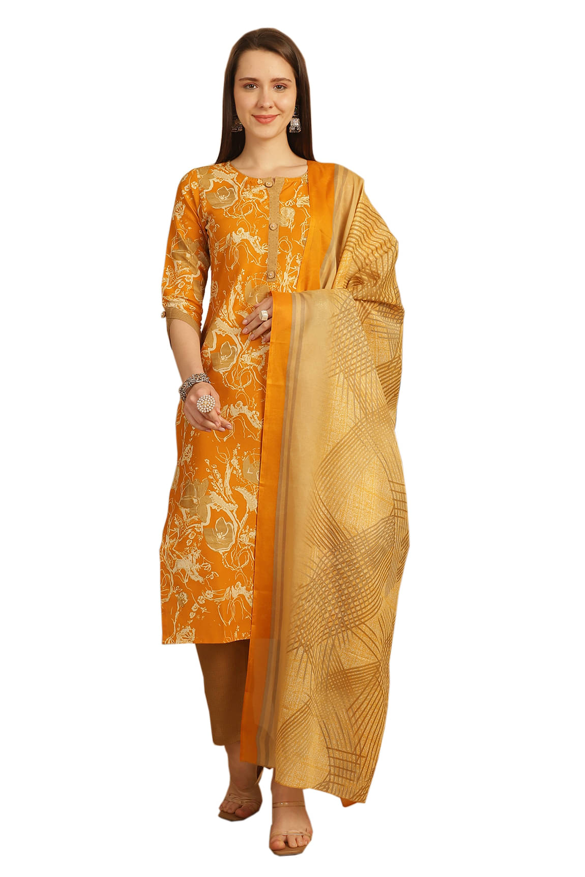 Rajnandini Cotton Blend Printed Kurti With Pants Women's Stitched Salwar Suit - Yellow ( Pack of 1 )     			Rajnandini Cotton Blend Printed Kurti With Pants Women's Stitched Salwar Suit - Yellow ( Pack of 1 )