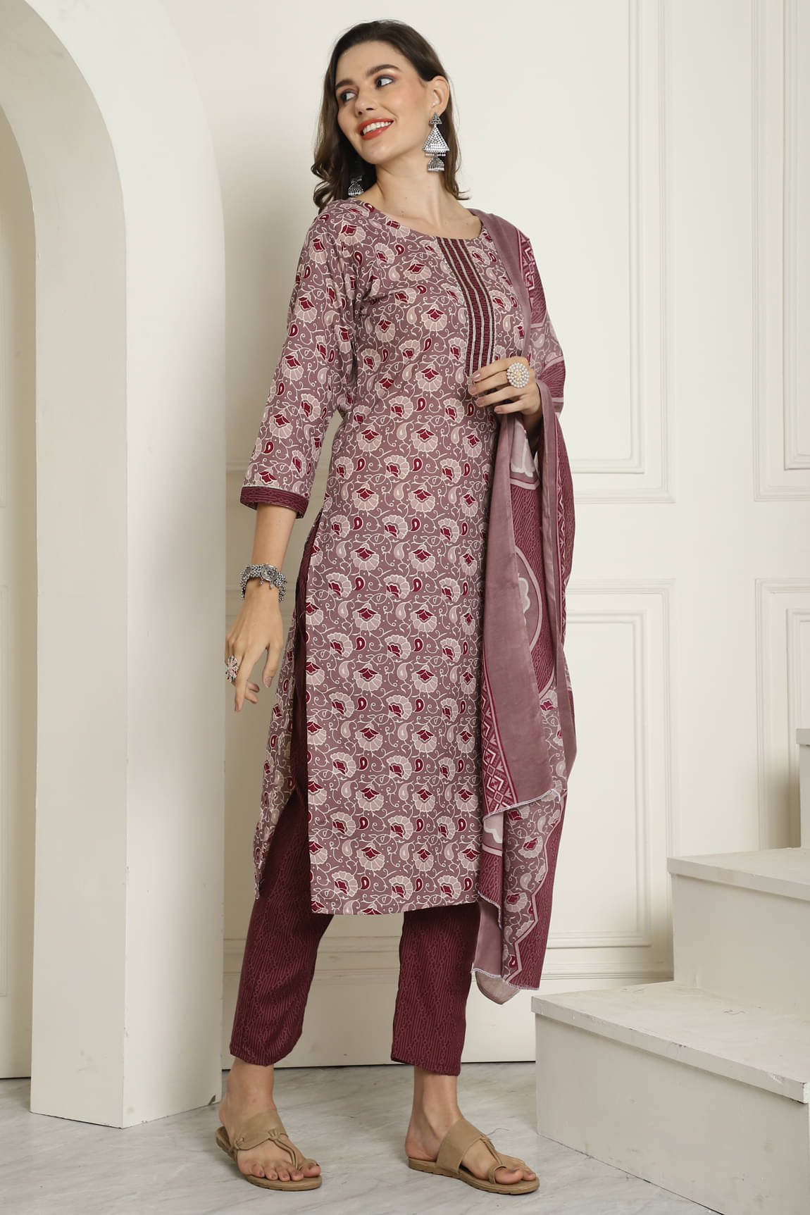     			Rajnandini Cotton Blend Printed Kurti With Pants Women's Stitched Salwar Suit - Wine ( Pack of 1 )