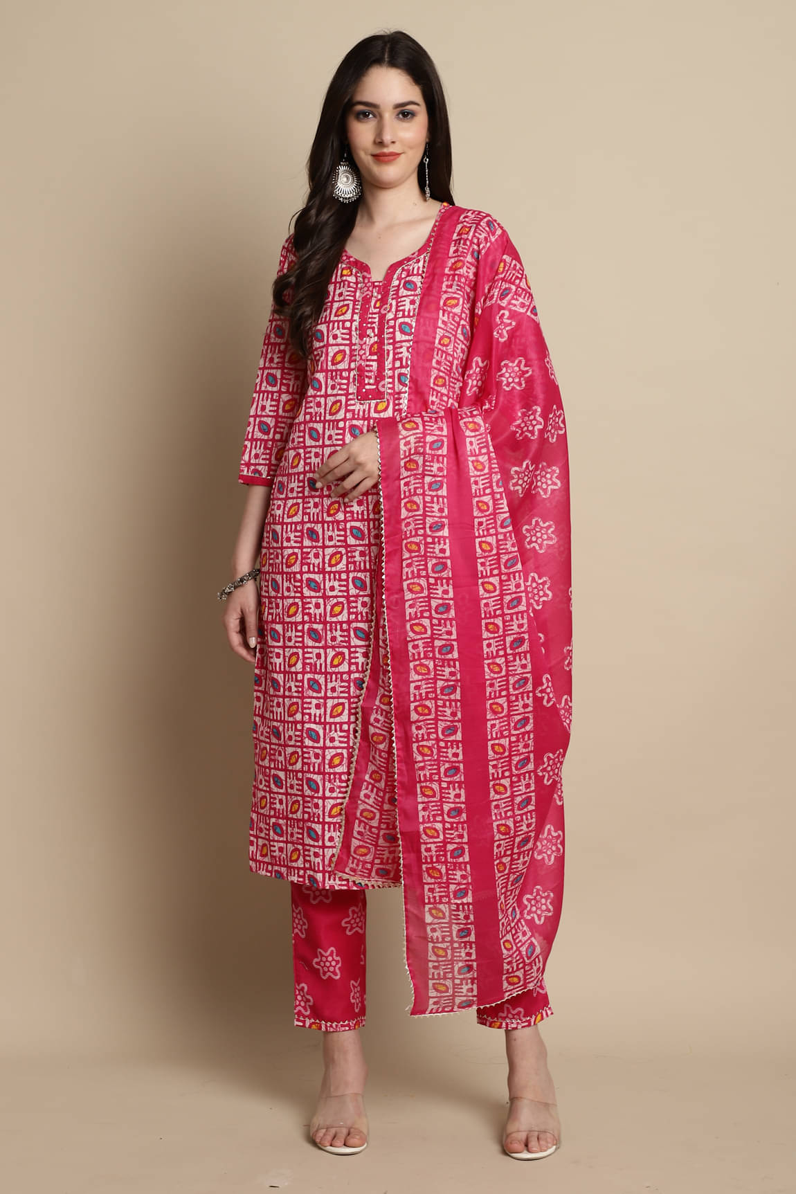     			Rajnandini Cotton Blend Printed Kurti With Pants Women's Stitched Salwar Suit - Pink ( Pack of 1 )