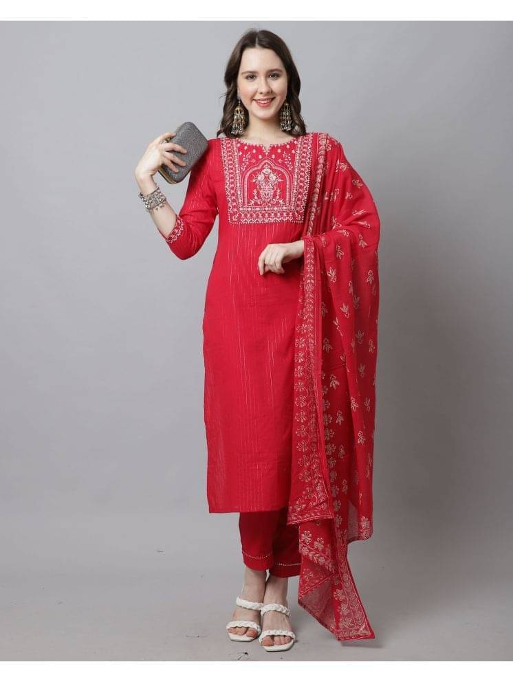 Rajnandini Cotton Embroidered Kurti With Pants Women's Stitched Salwar Suit - Pink ( Pack of 1 )     			Rajnandini Cotton Embroidered Kurti With Pants Women's Stitched Salwar Suit - Pink ( Pack of 1 )
