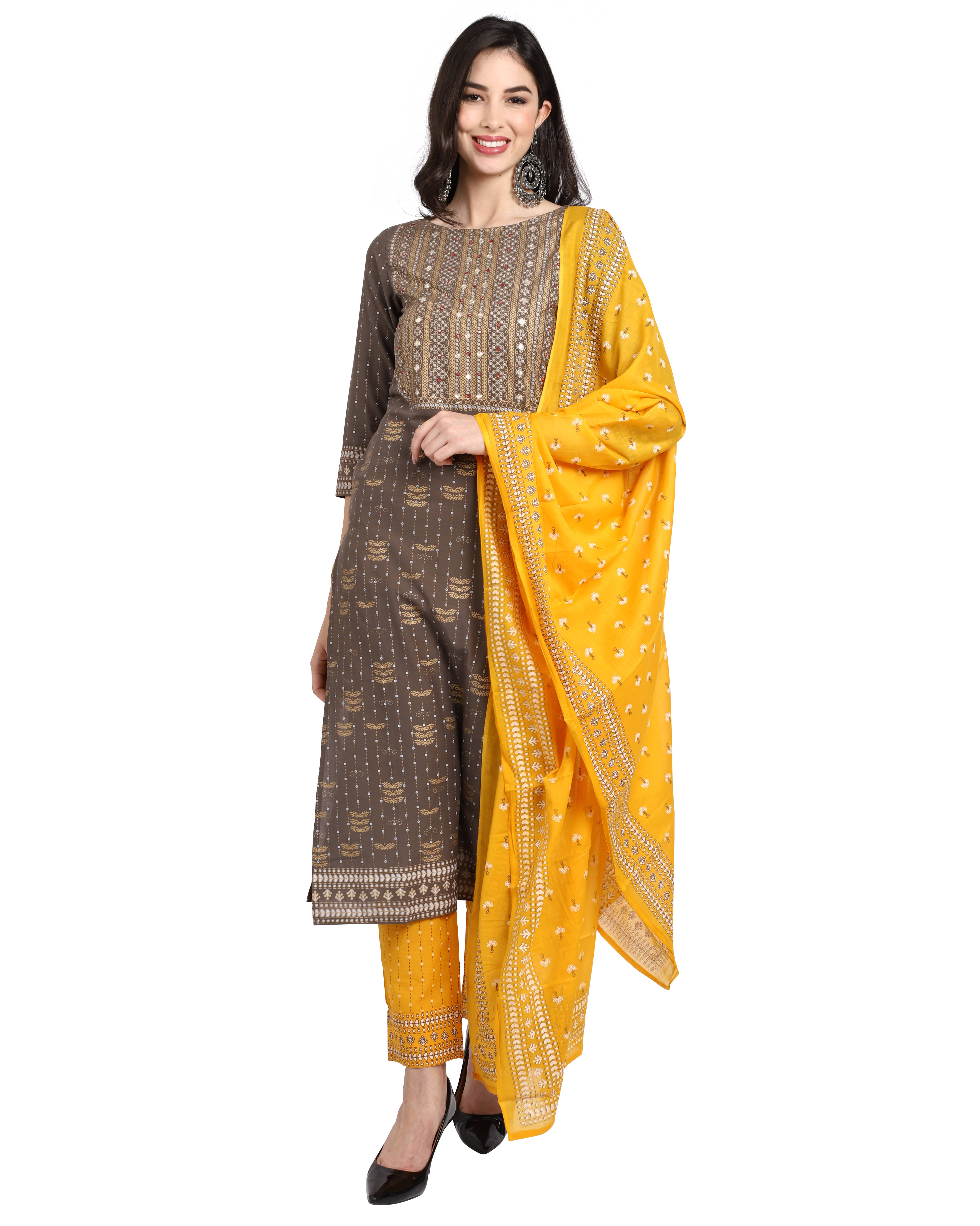 Rajnandini Cotton Embroidered Kurti With Pants Women's Stitched Salwar Suit - Grey ( Pack of 1 ) Rajnandini Cotton Embroidered Kurti With Pants Women's Stitched Salwar Suit - Grey ( Pack of 1 )