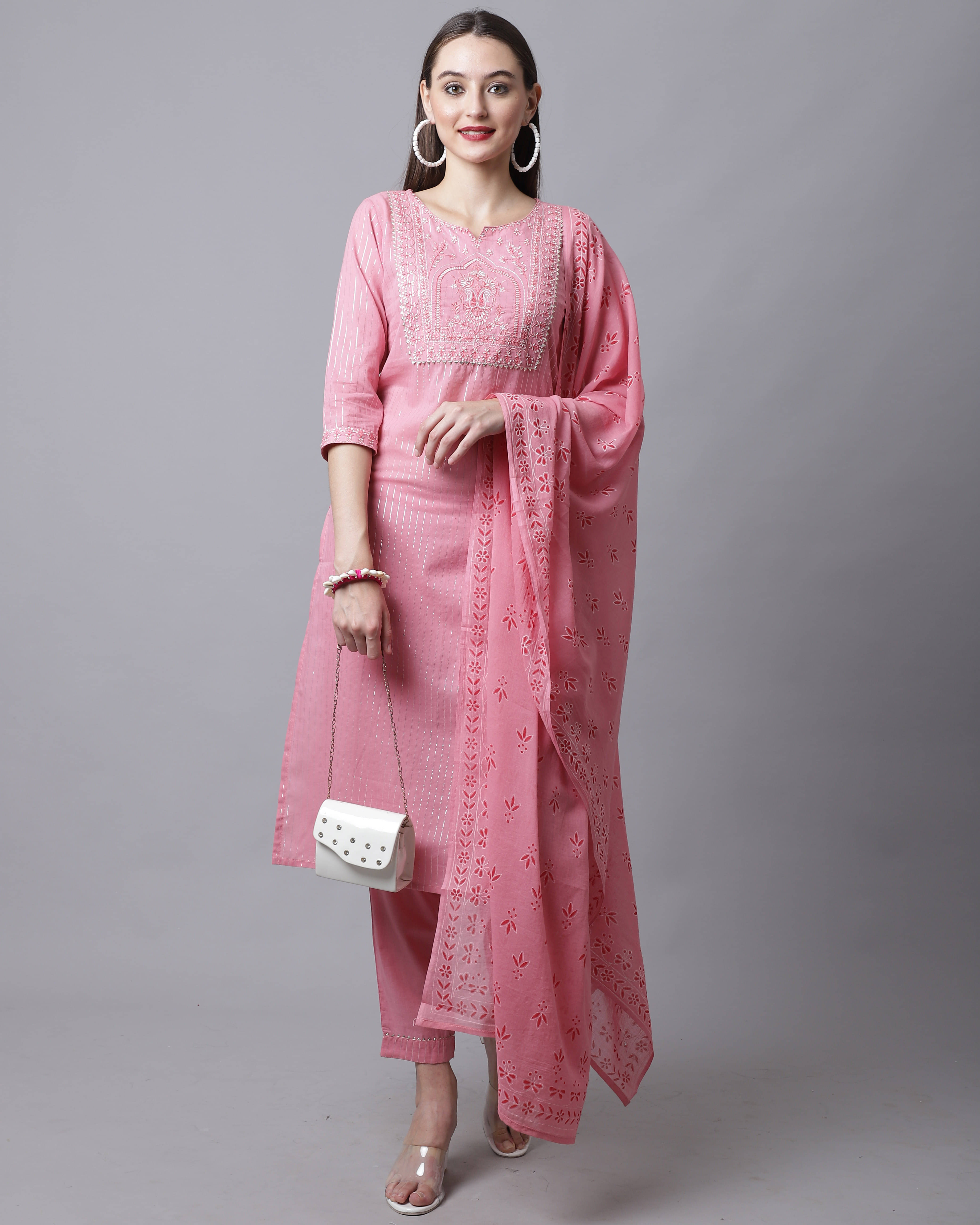     			Rajnandini Cotton Embroidered Kurti With Pants Women's Stitched Salwar Suit - Pink ( Pack of 1 )