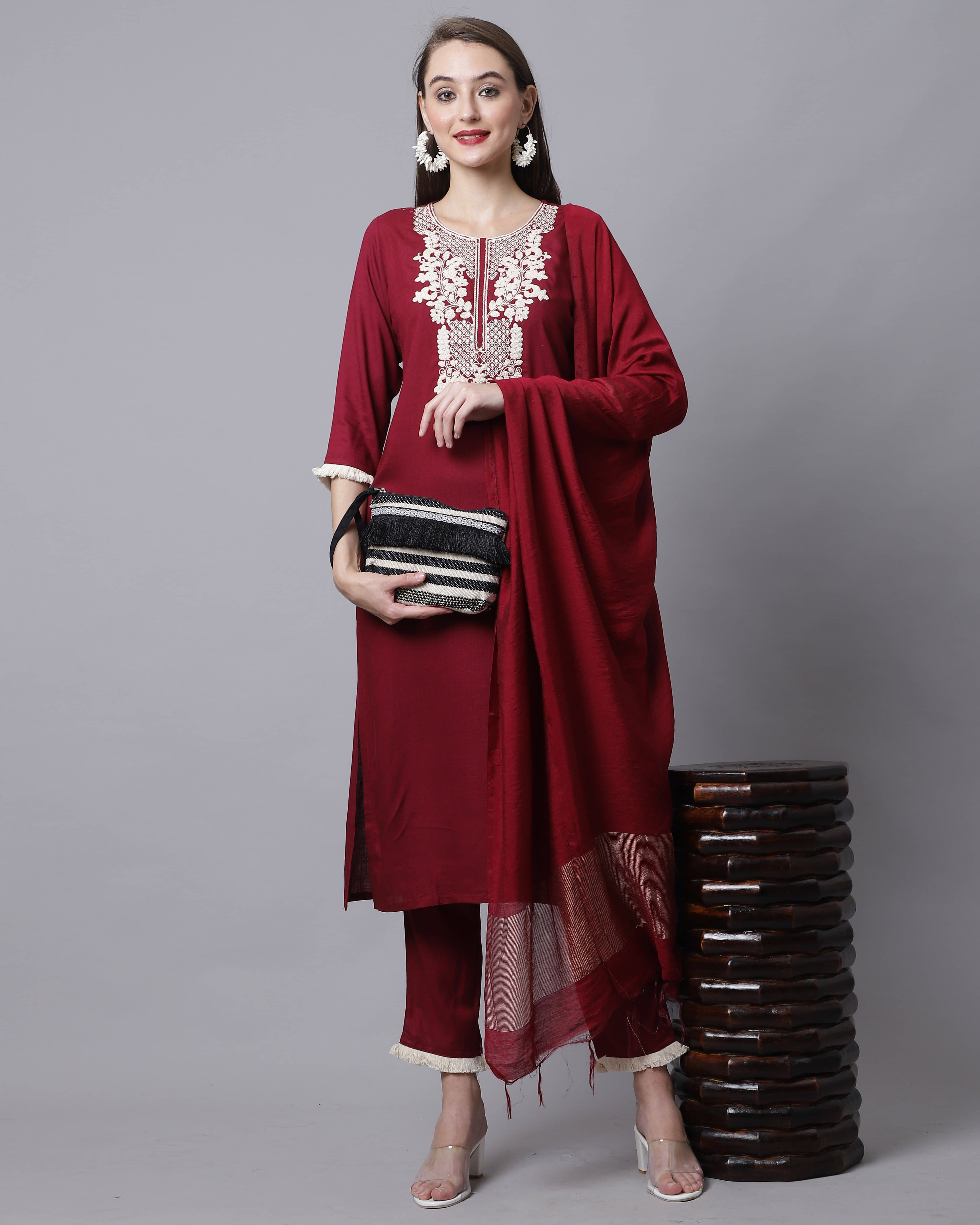    			Rajnandini Cotton Embroidered Kurti With Pants Women's Stitched Salwar Suit - Maroon ( Pack of 1 )