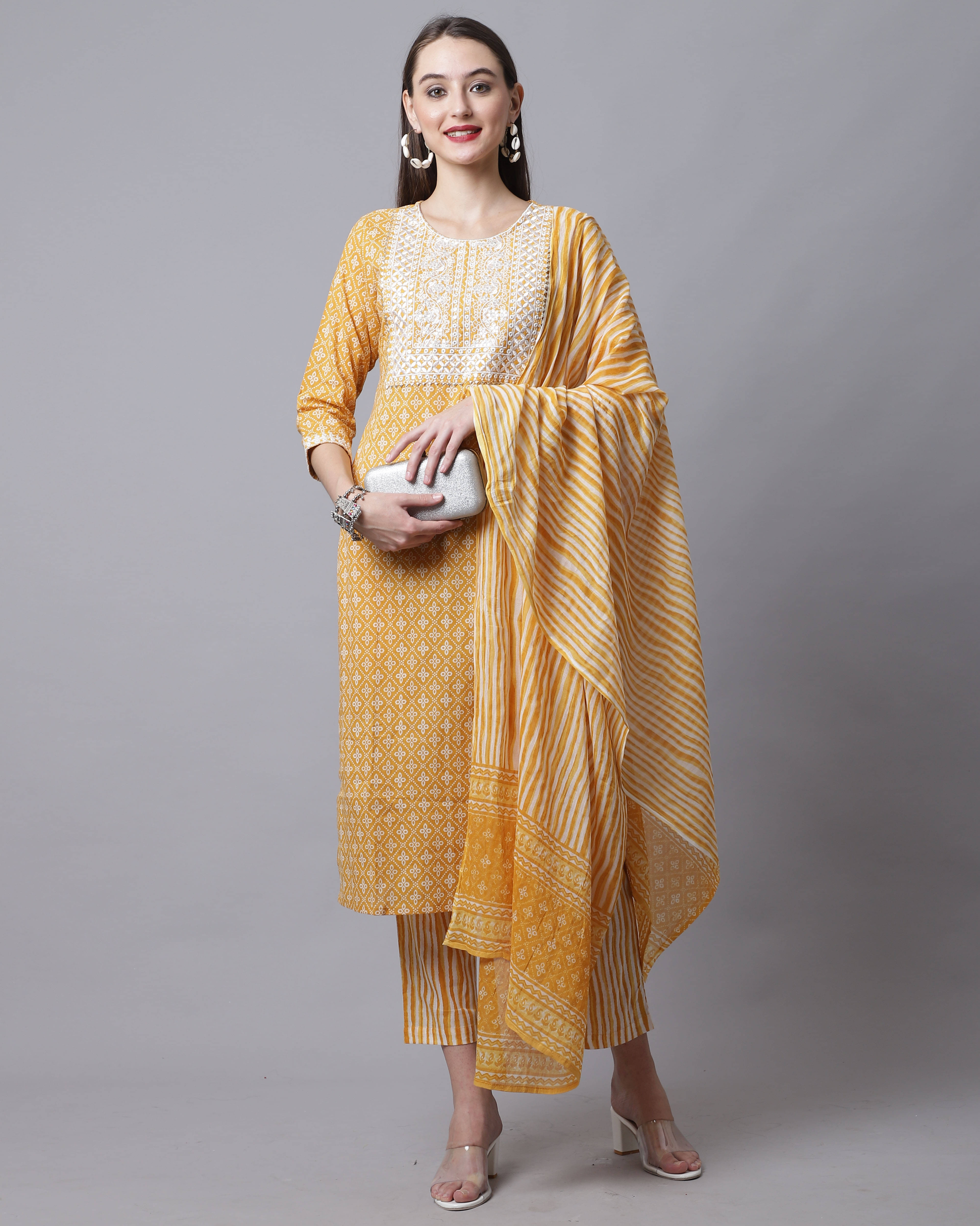     			Rajnandini Cotton Embroidered Kurti With Pants Women's Stitched Salwar Suit - Yellow ( Pack of 1 )