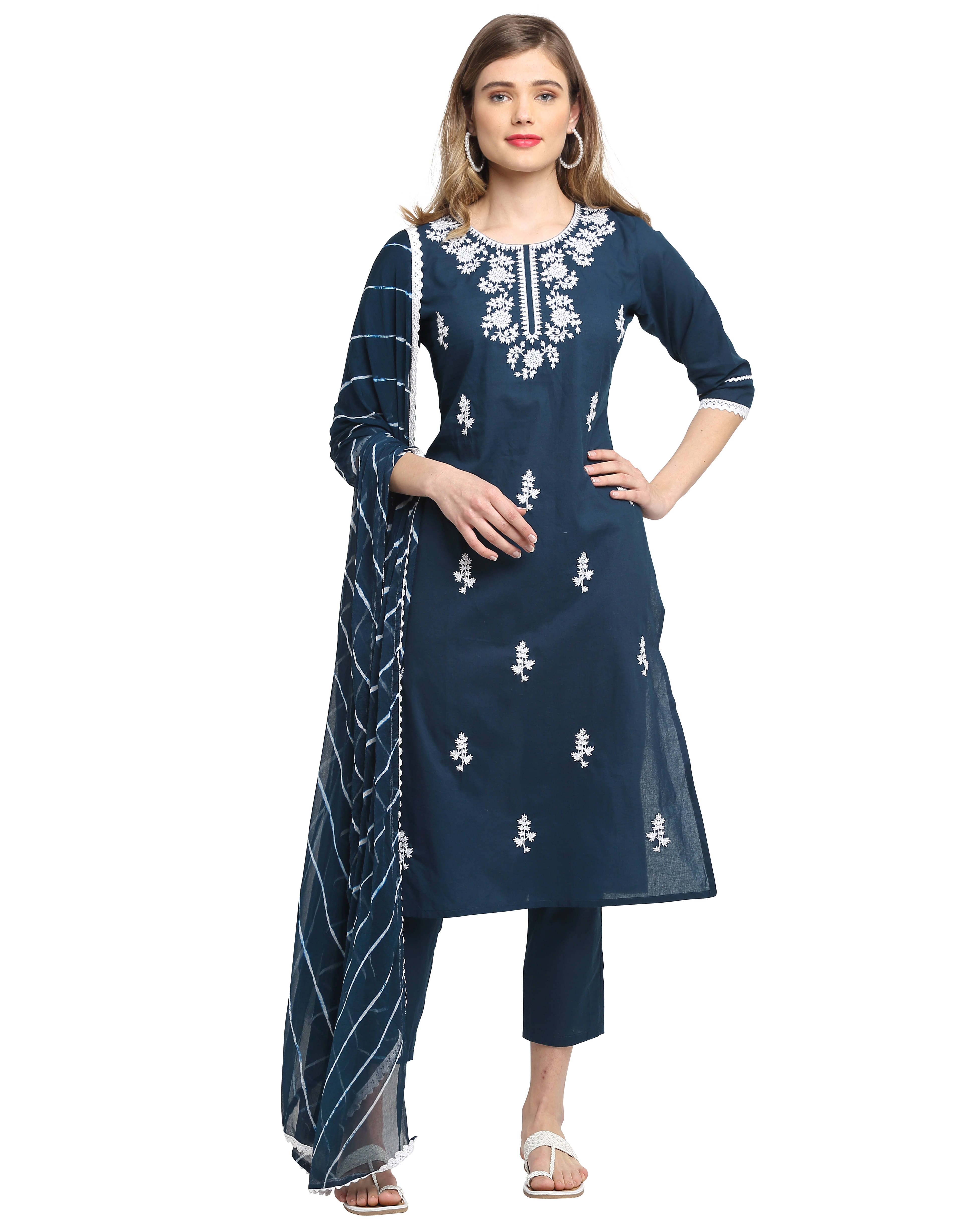 Rajnandini Cotton Embroidered Kurti With Pants Women's Stitched Salwar Suit - Blue ( Pack of 1 ) Rajnandini Cotton Embroidered Kurti With Pants Women's Stitched Salwar Suit - Blue ( Pack of 1 )