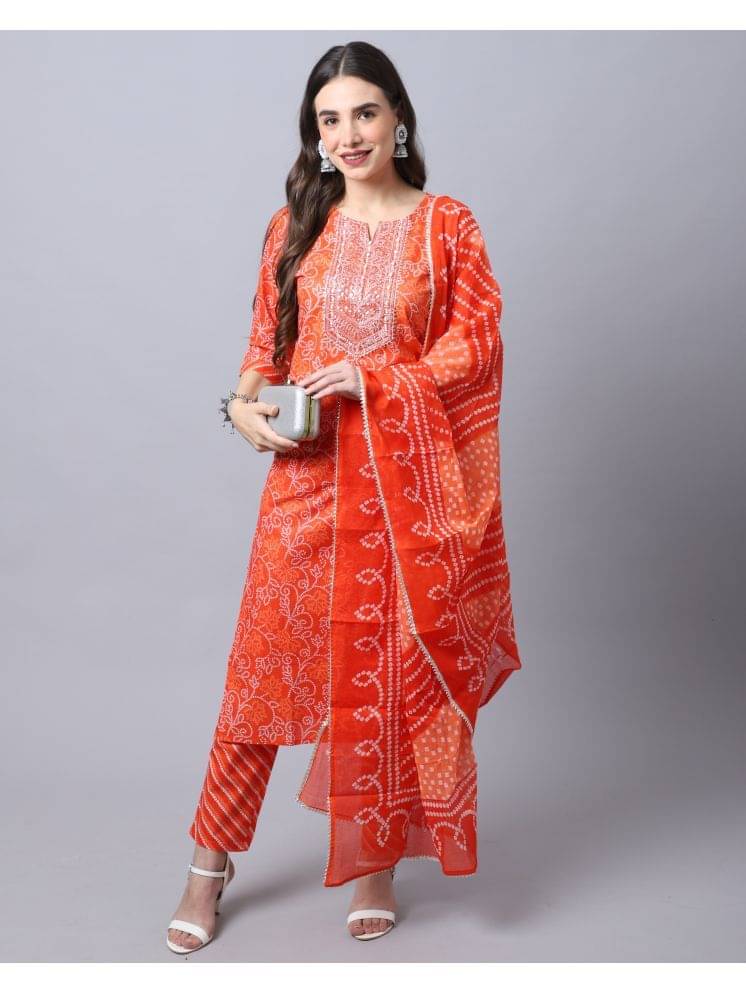 Rajnandini Cotton Printed Kurti With Pants Women's Stitched Salwar Suit - Orange ( Pack of 1 )     			Rajnandini Cotton Printed Kurti With Pants Women's Stitched Salwar Suit - Orange ( Pack of 1 )