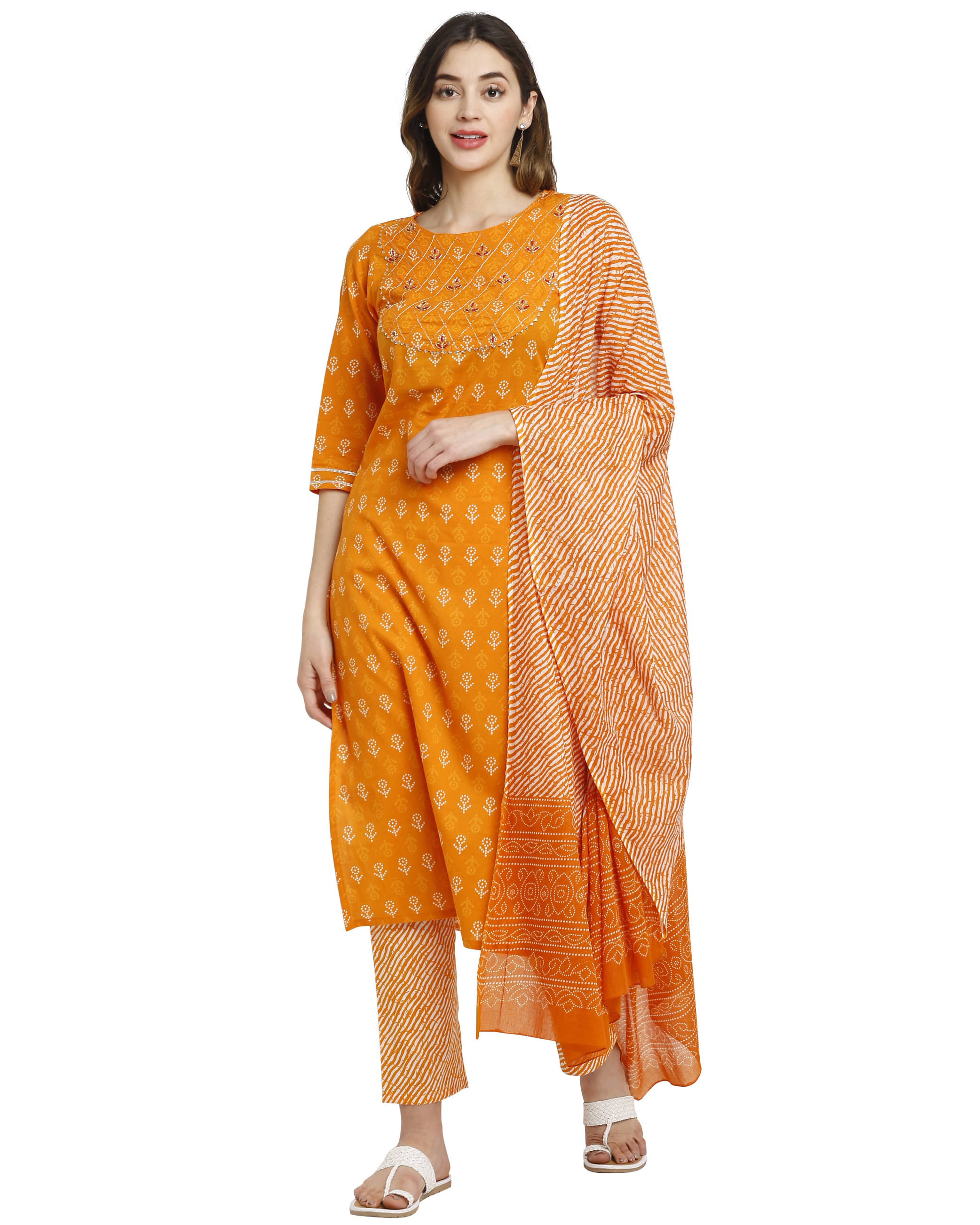 Rajnandini Cotton Printed Kurti With Pants Women's Stitched Salwar Suit - Orange ( Pack of 1 ) Rajnandini Cotton Printed Kurti With Pants Women's Stitched Salwar Suit - Orange ( Pack of 1 )