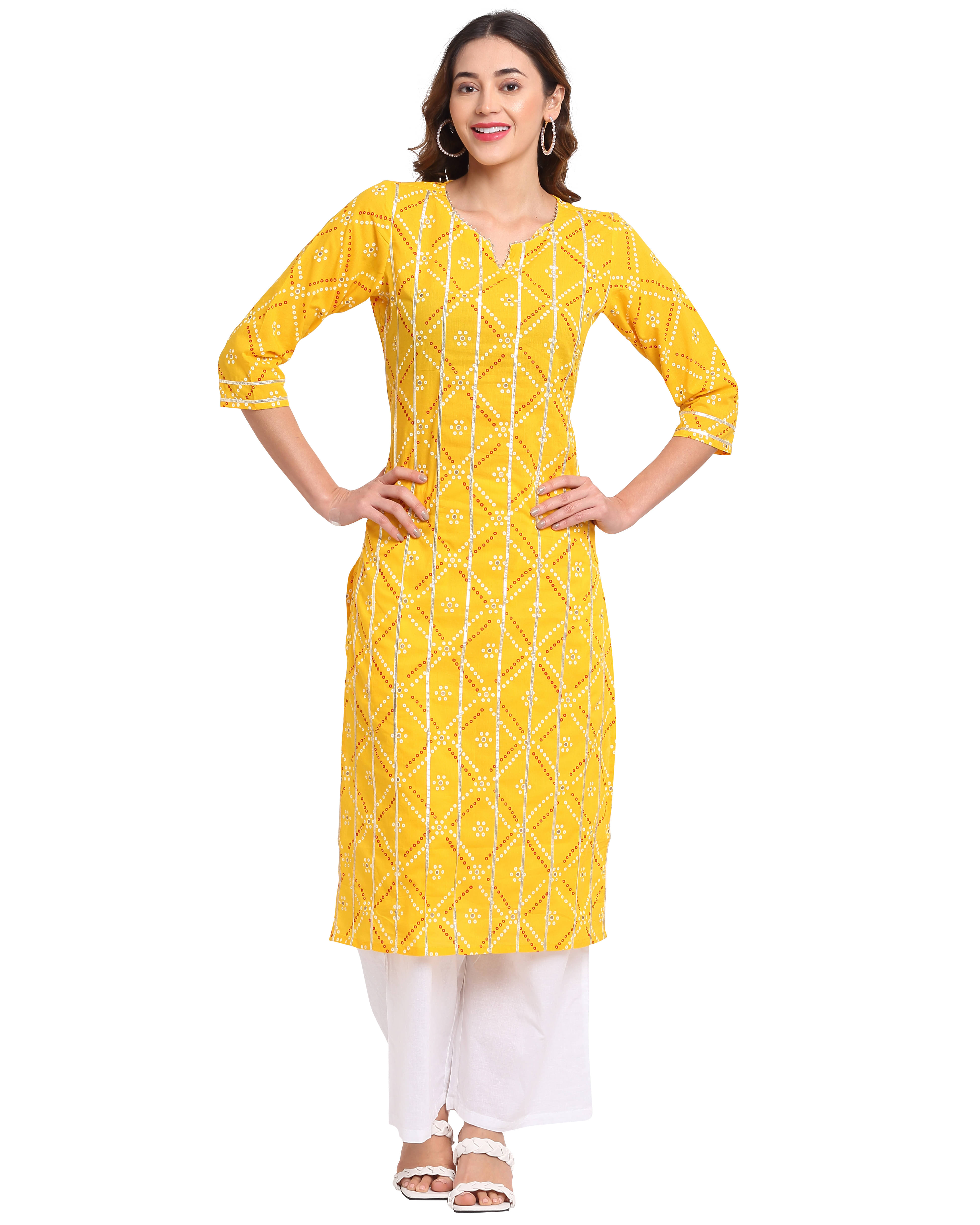 Rajnandini Cotton Printed Kurti With Palazzo Women's Stitched Salwar Suit - Yellow ( Pack of 1 ) Rajnandini Cotton Printed Kurti With Palazzo Women's Stitched Salwar Suit - Yellow ( Pack of 1 )