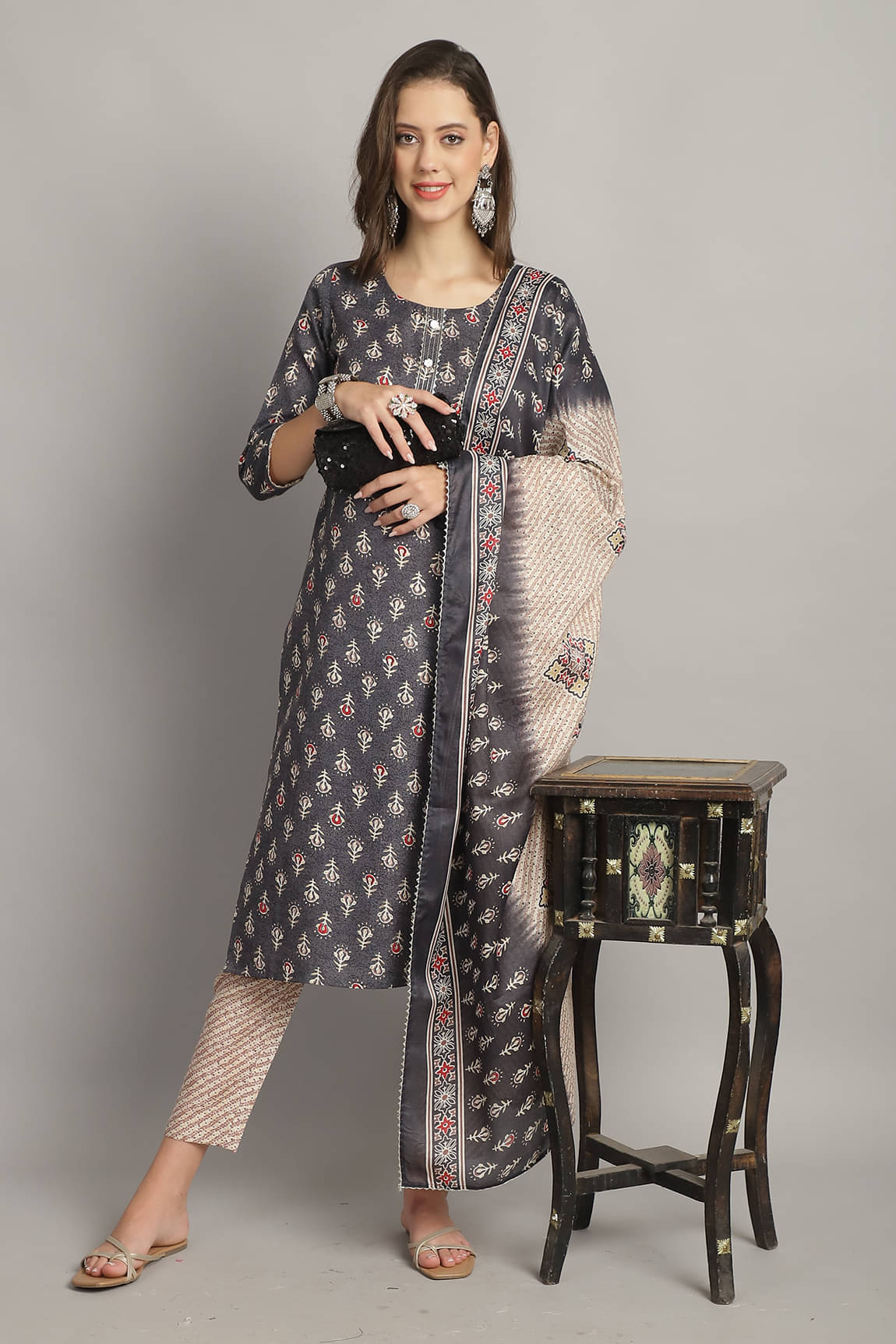Rajnandini Cotton Printed Kurti With Pants Women's Stitched Salwar Suit - Grey ( Pack of 1 ) Rajnandini Cotton Printed Kurti With Pants Women's Stitched Salwar Suit - Grey ( Pack of 1 )