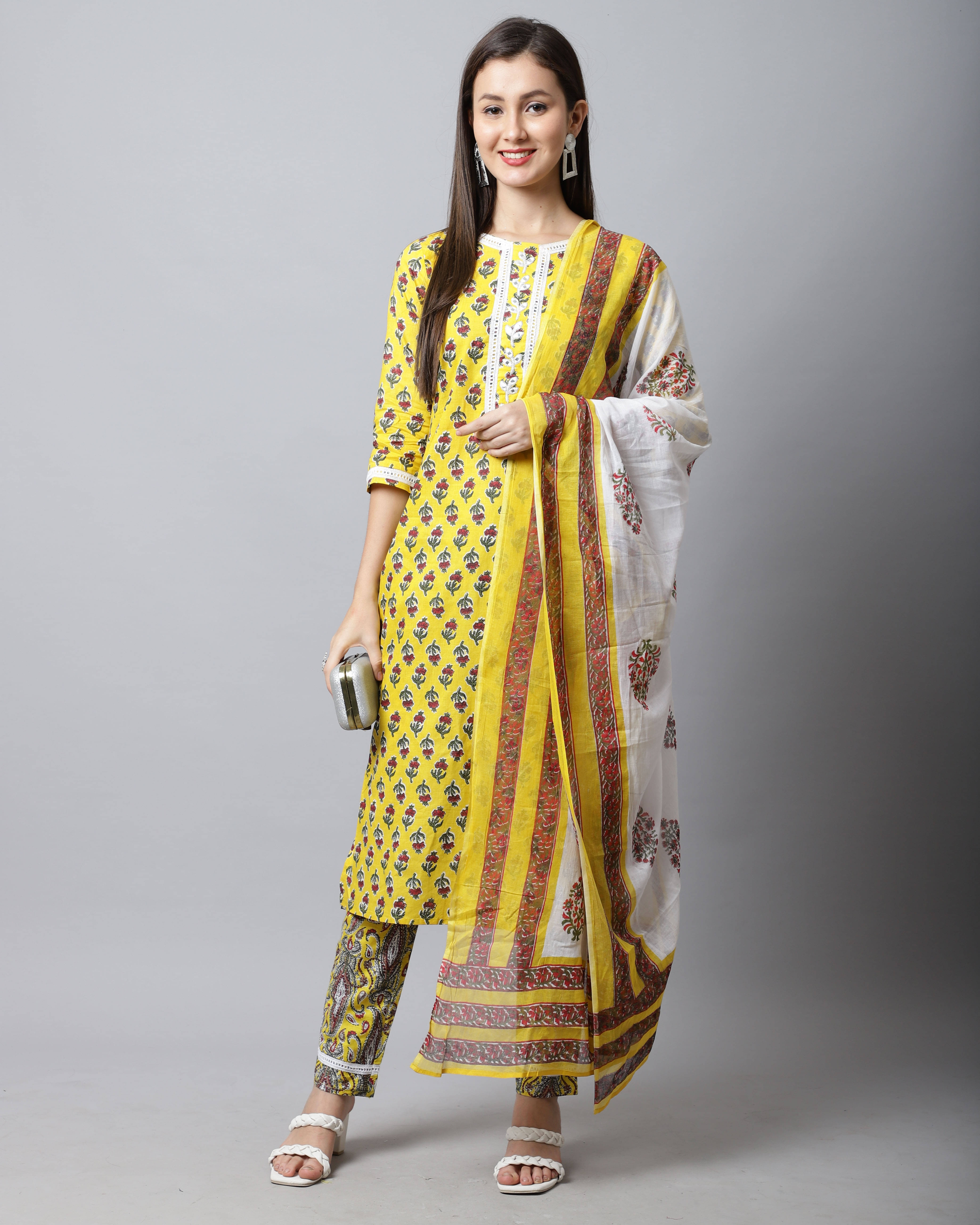     			Rajnandini Cotton Printed Kurti With Pants Women's Stitched Salwar Suit - Yellow ( Pack of 1 )