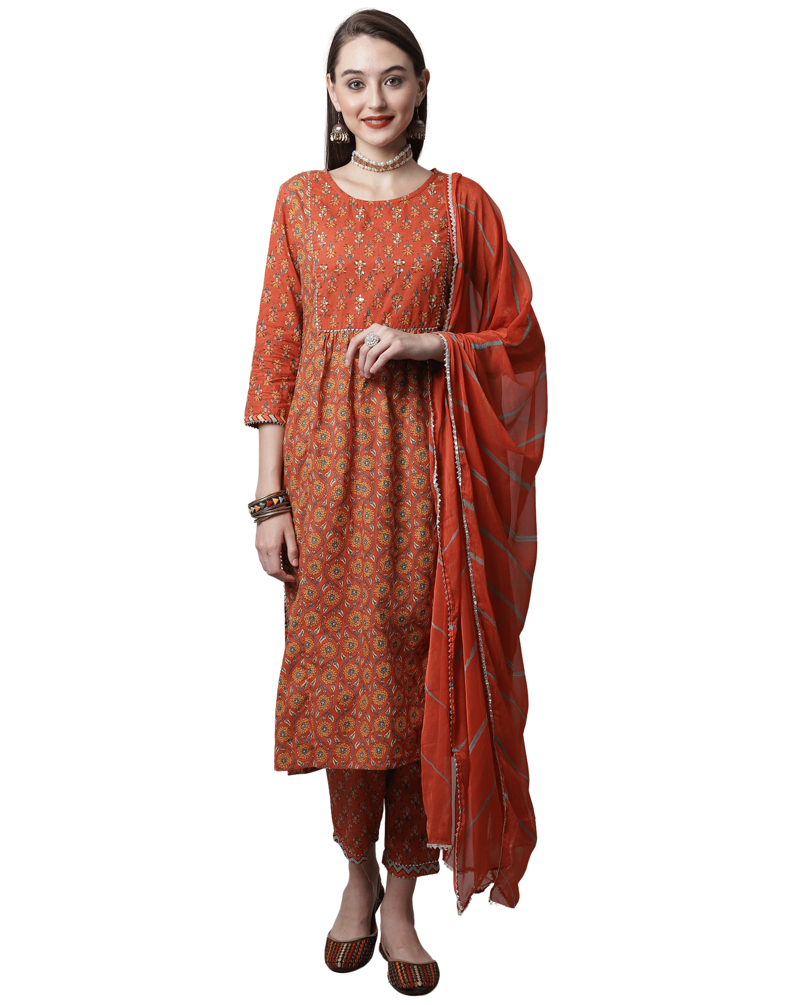     			Rajnandini Cotton Printed Kurti With Pants Women's Stitched Salwar Suit - Brown ( Pack of 1 )