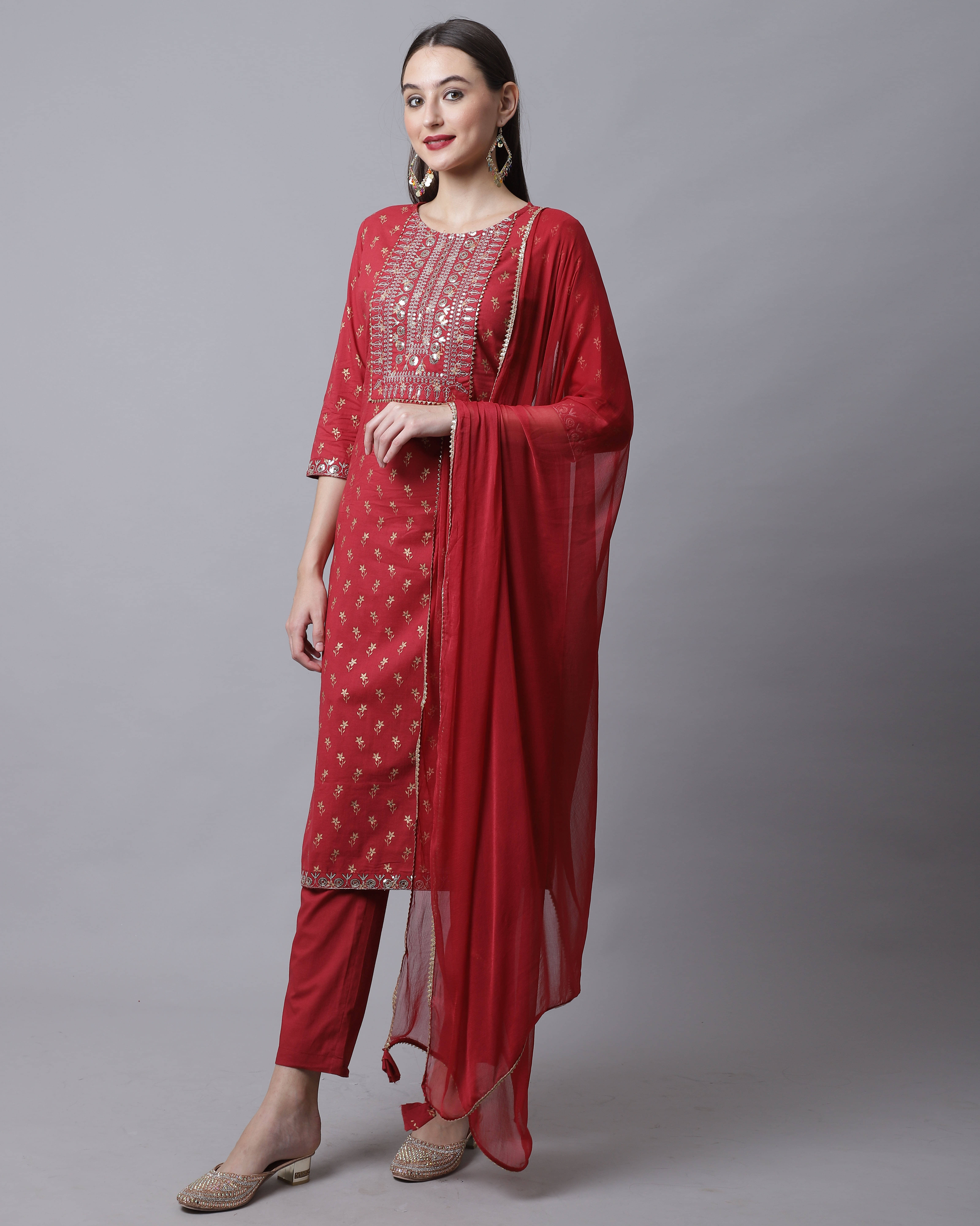     			Rajnandini Cotton Printed Kurti With Pants Women's Stitched Salwar Suit - Maroon ( Pack of 1 )