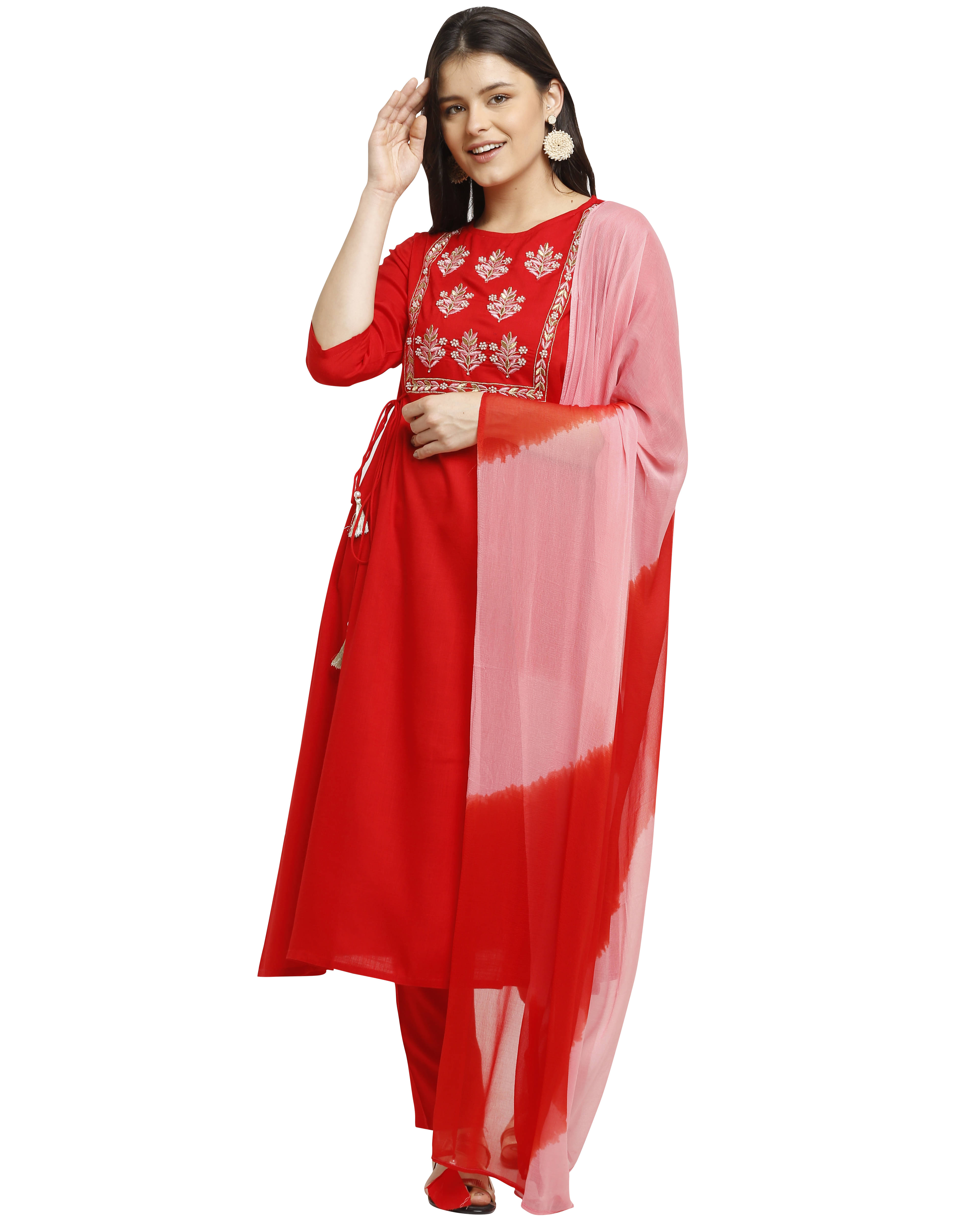 Rajnandini Rayon Embroidered Kurti With Pants Women's Stitched Salwar Suit - Red ( Pack of 1 ) Rajnandini Rayon Embroidered Kurti With Pants Women's Stitched Salwar Suit - Red ( Pack of 1 )