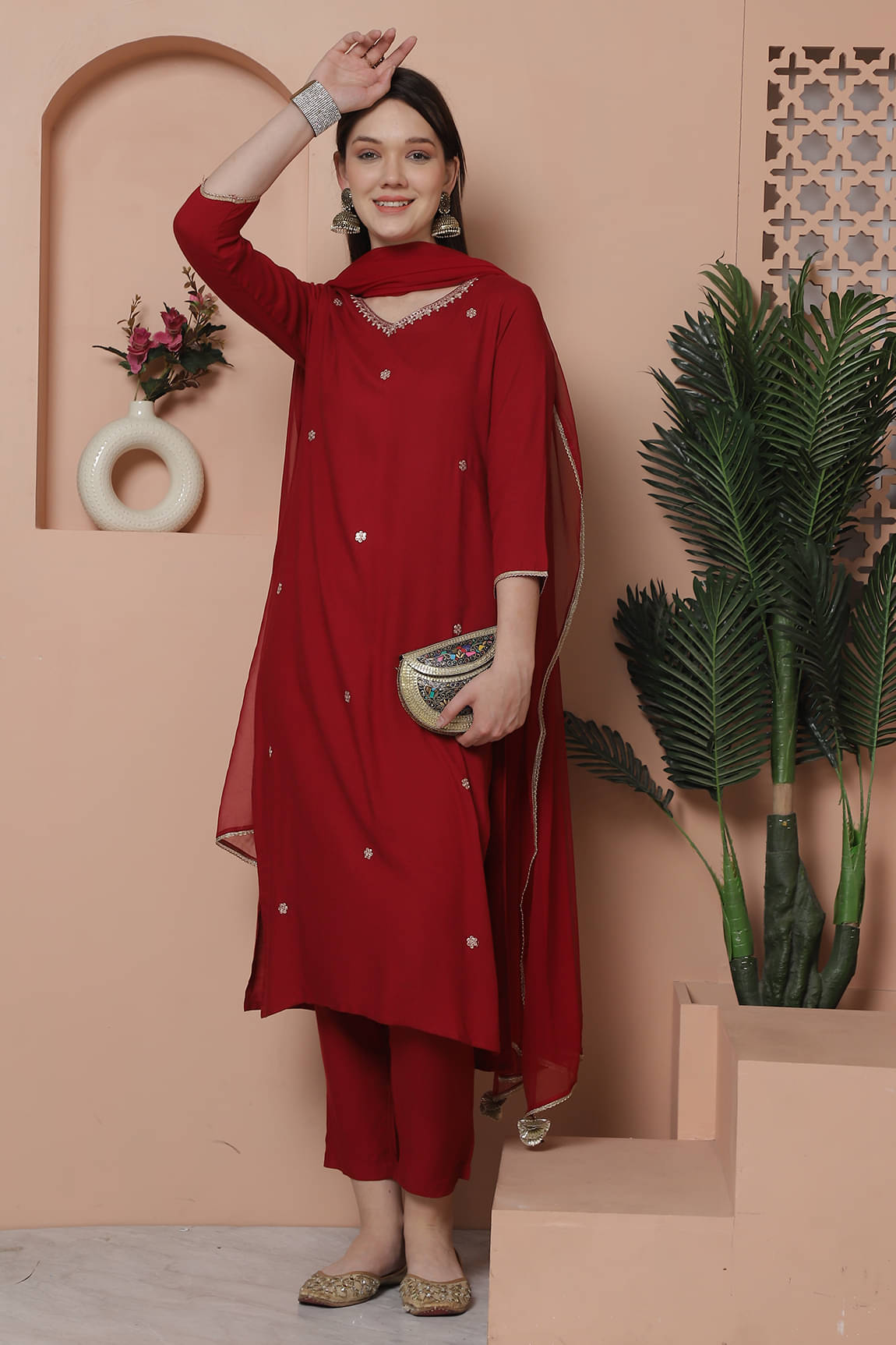     			Rajnandini Rayon Embroidered Kurti With Pants Women's Stitched Salwar Suit - Maroon ( Pack of 1 )