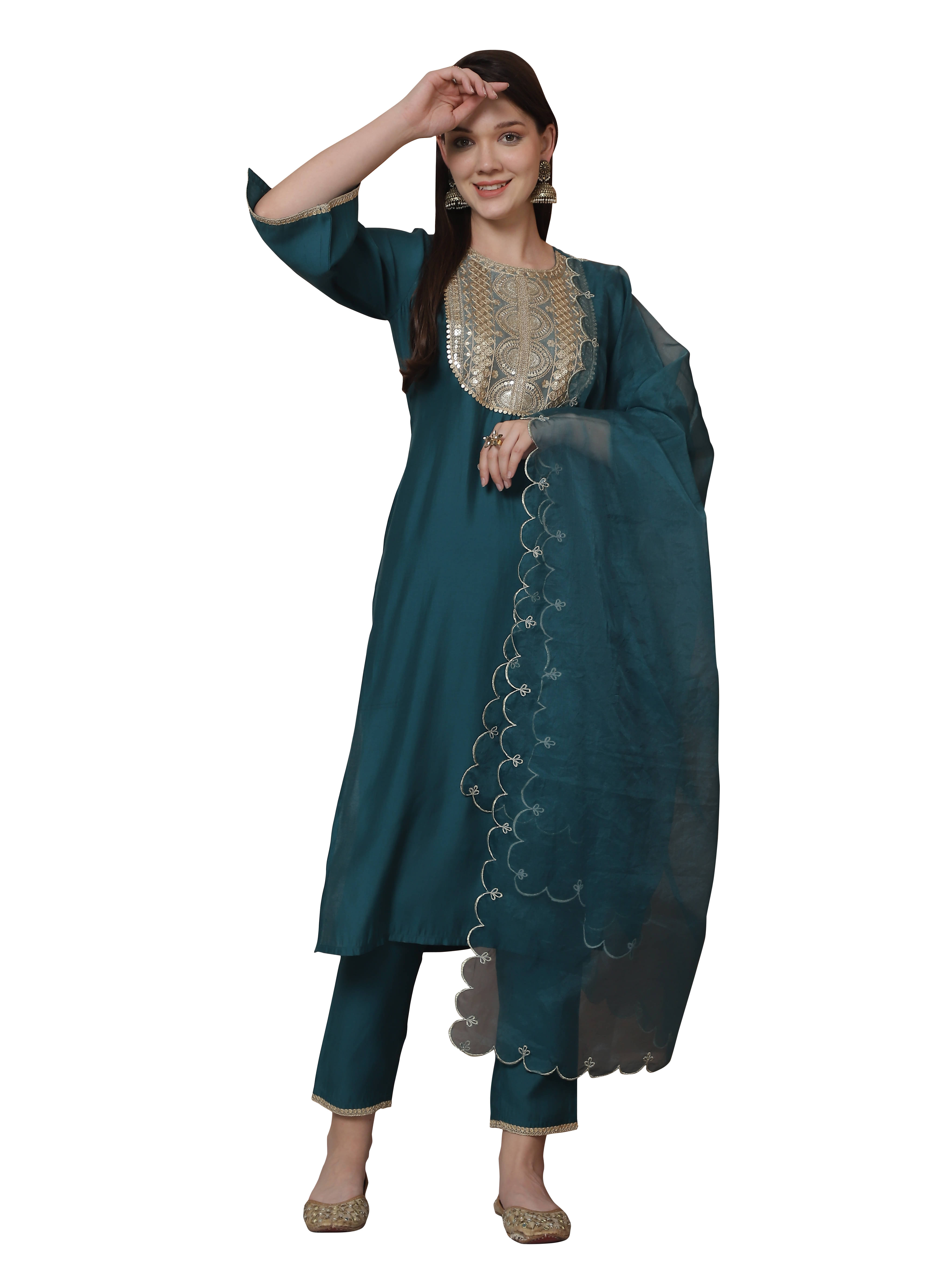 Rajnandini Silk Embellished Kurti With Pants Women's Stitched Salwar Suit - Green ( Pack of 1 ) Rajnandini Silk Embellished Kurti With Pants Women's Stitched Salwar Suit - Green ( Pack of 1 )