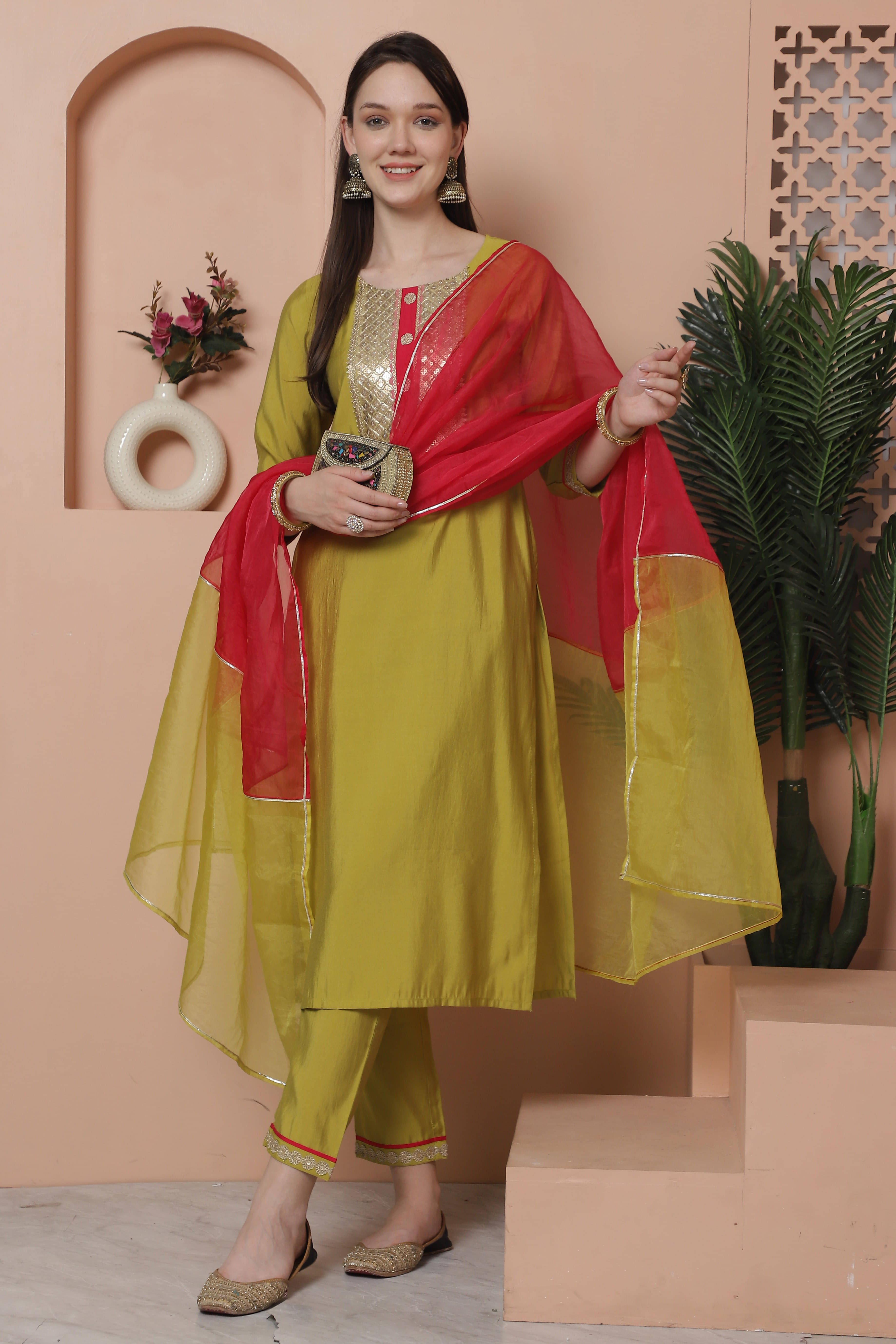     			Rajnandini Silk Embellished Kurti With Pants Women's Stitched Salwar Suit - Green ( Pack of 1 )