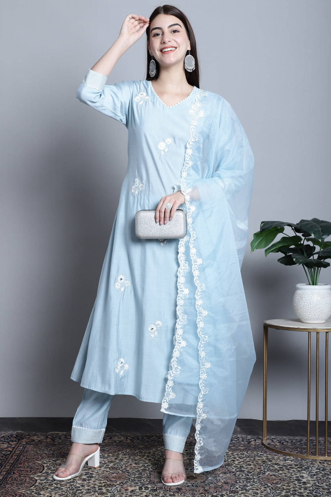     			Rajnandini Silk Embroidered Kurti With Pants Women's Stitched Salwar Suit - Blue ( Pack of 1 )