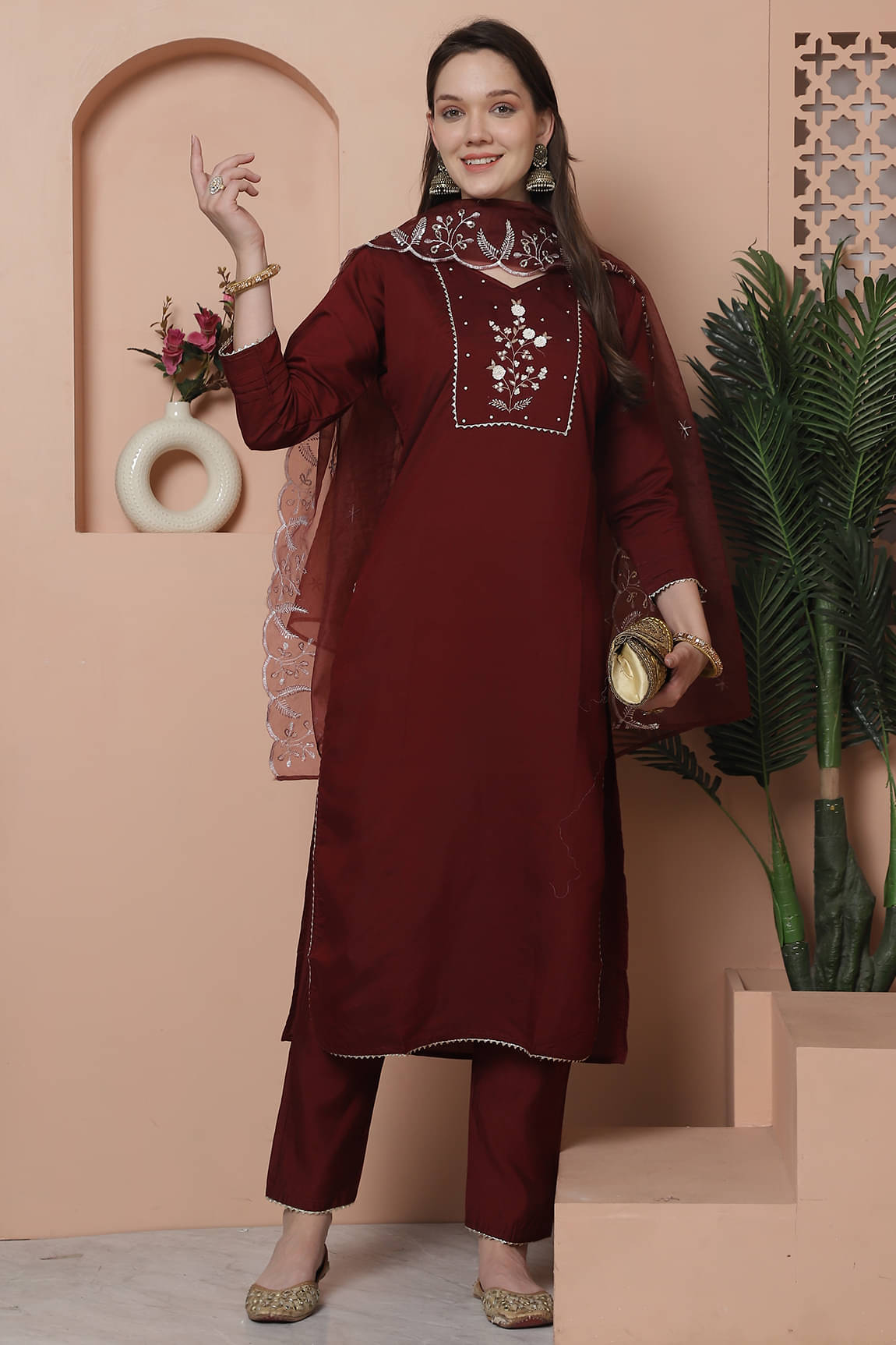     			Rajnandini Silk Embroidered Kurti With Pants Women's Stitched Salwar Suit - Maroon ( Pack of 1 )