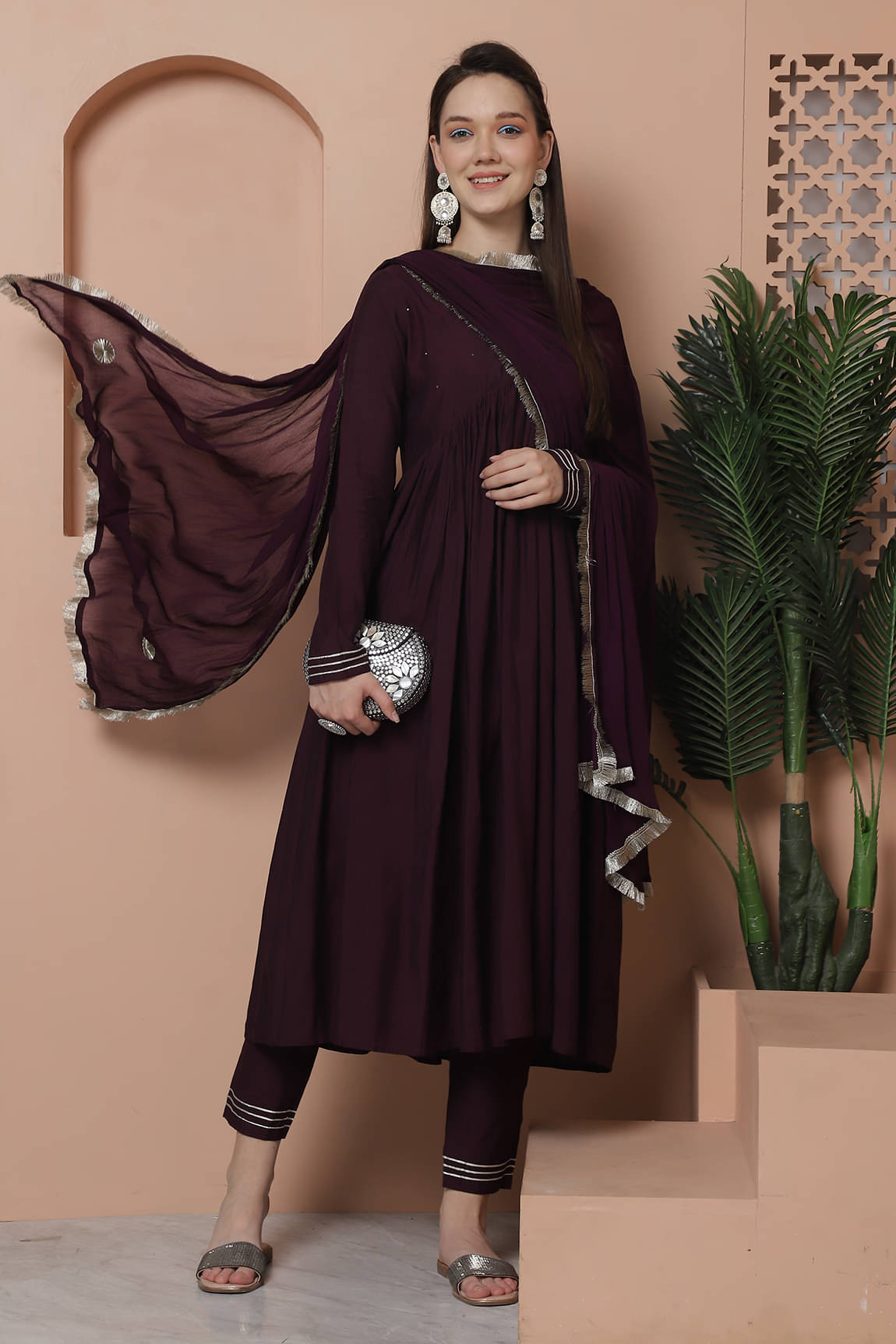 Rajnandini Silk Striped Kurti With Pants Women's Stitched Salwar Suit - Wine ( Pack of 1 ) Rajnandini Silk Striped Kurti With Pants Women's Stitched Salwar Suit - Wine ( Pack of 1 )