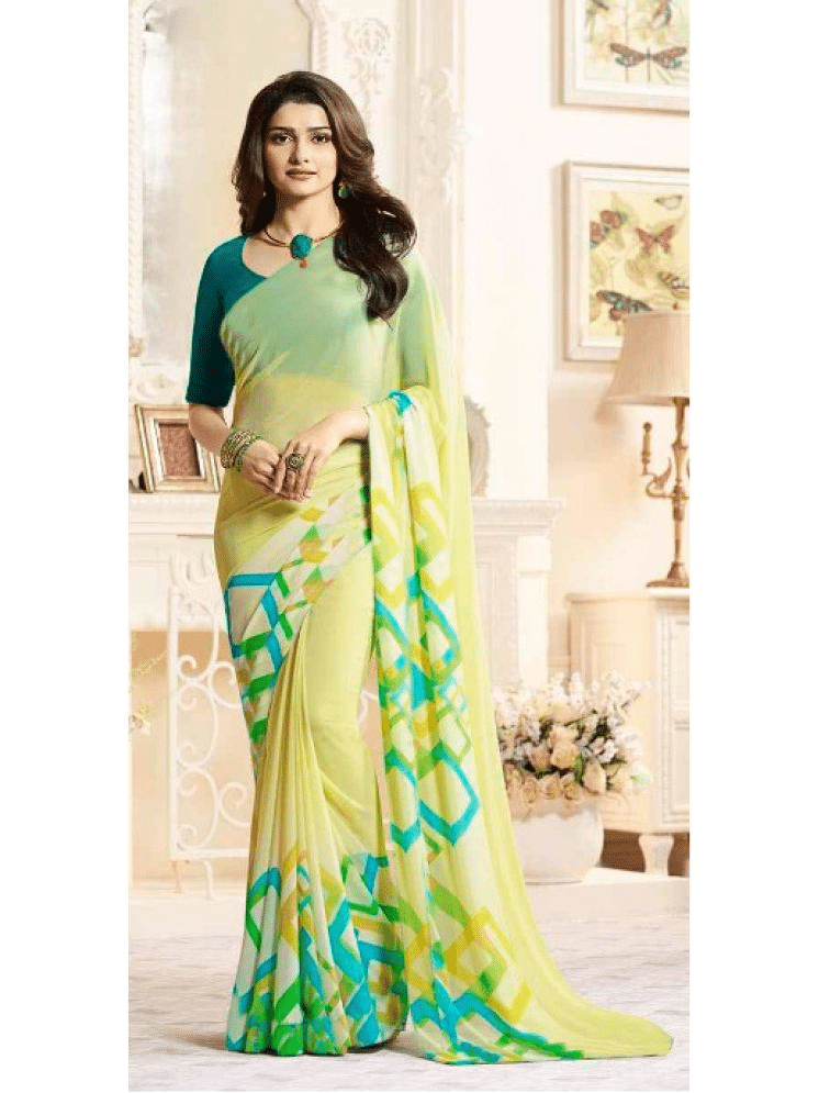     			BLEESBURY Chiffon Printed Saree With Unstitched Blouse Piece ( Green,Yellow )
