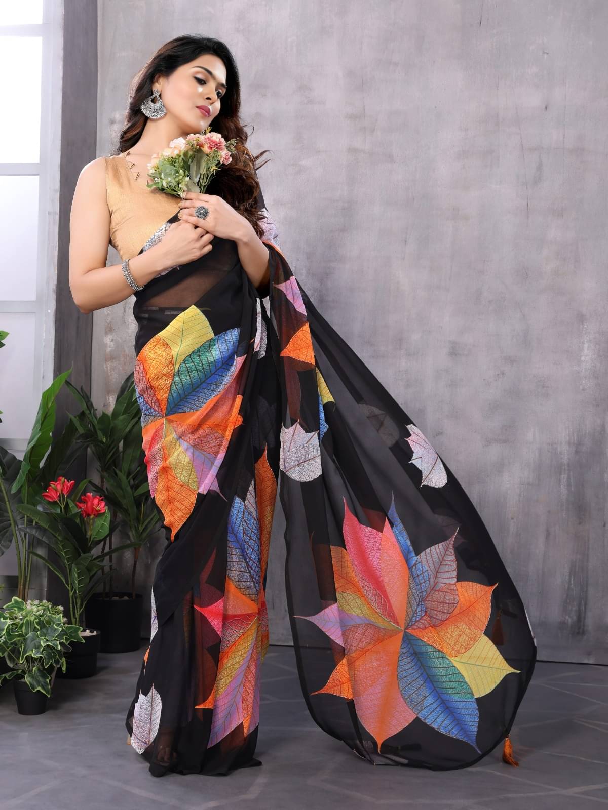 BLEESBURY Chiffon Printed Saree With Unstitched Blouse Piece ( Black ) BLEESBURY Chiffon Printed Saree With Unstitched Blouse Piece ( Black )