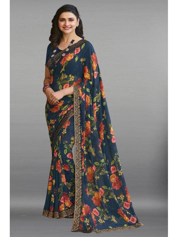 BLEESBURY Georgette Printed Saree With Unstitched Blouse Piece ( Navy Blue ) BLEESBURY Georgette Printed Saree With Unstitched Blouse Piece ( Navy Blue )