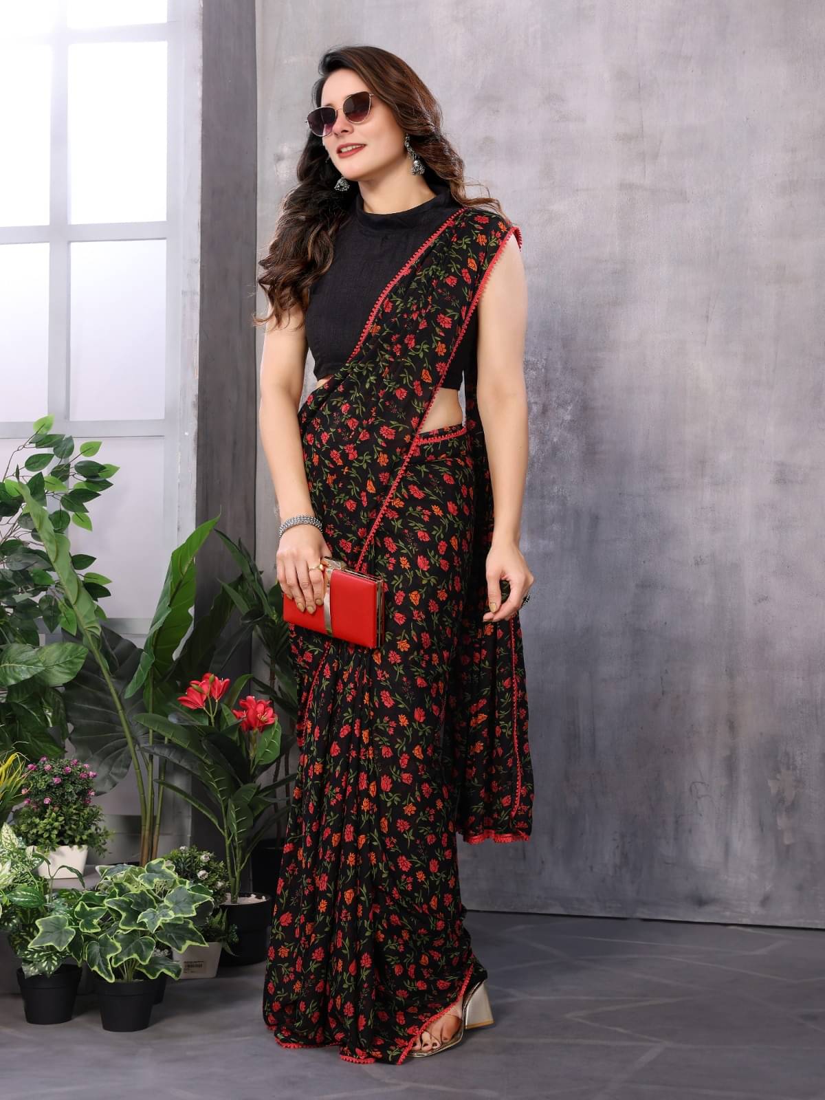     			BLEESBURY Georgette Printed Saree With Unstitched Blouse Piece ( Black )