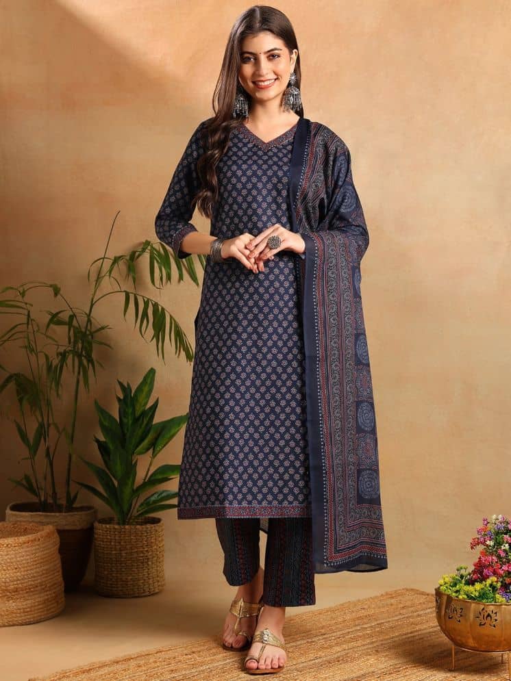 Vaamsi Rayon Printed Kurti With Pants Women's Stitched Salwar Suit - Navy Blue ( Pack of 1 )