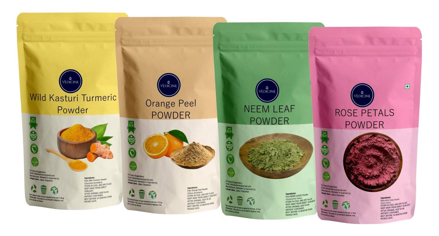 Vedicine Wild Kasturi Amba Haldi Turmeric Orange Peel Rose Petal Neem Leaf Powder for Face (400 g)     			Vedicine Wild Kasturi Amba Haldi Turmeric Orange Peel Rose Petal Neem Leaf Powder for Face (400 g)